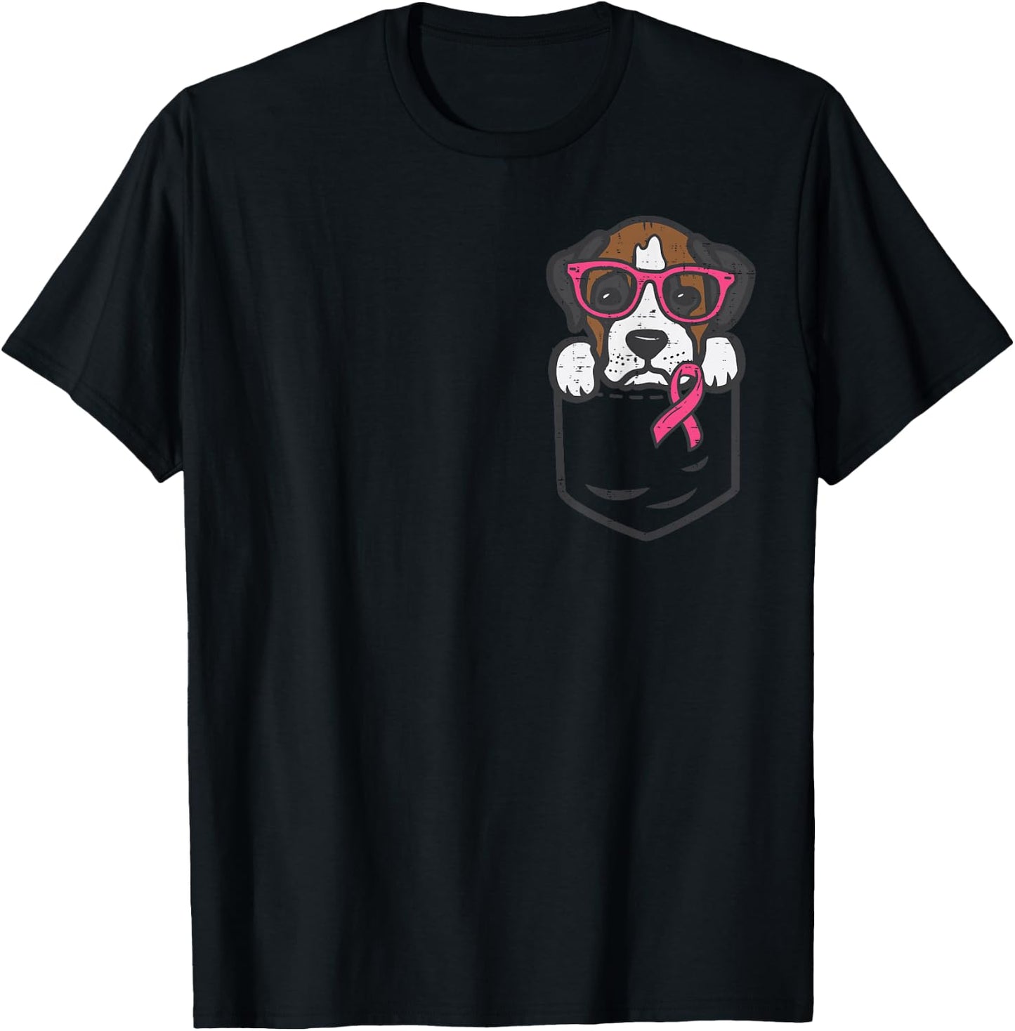 Pocket Boxer Dog Pink Ribbon Breast Cancer Awareness T-Shirt - T-Shirt | Black