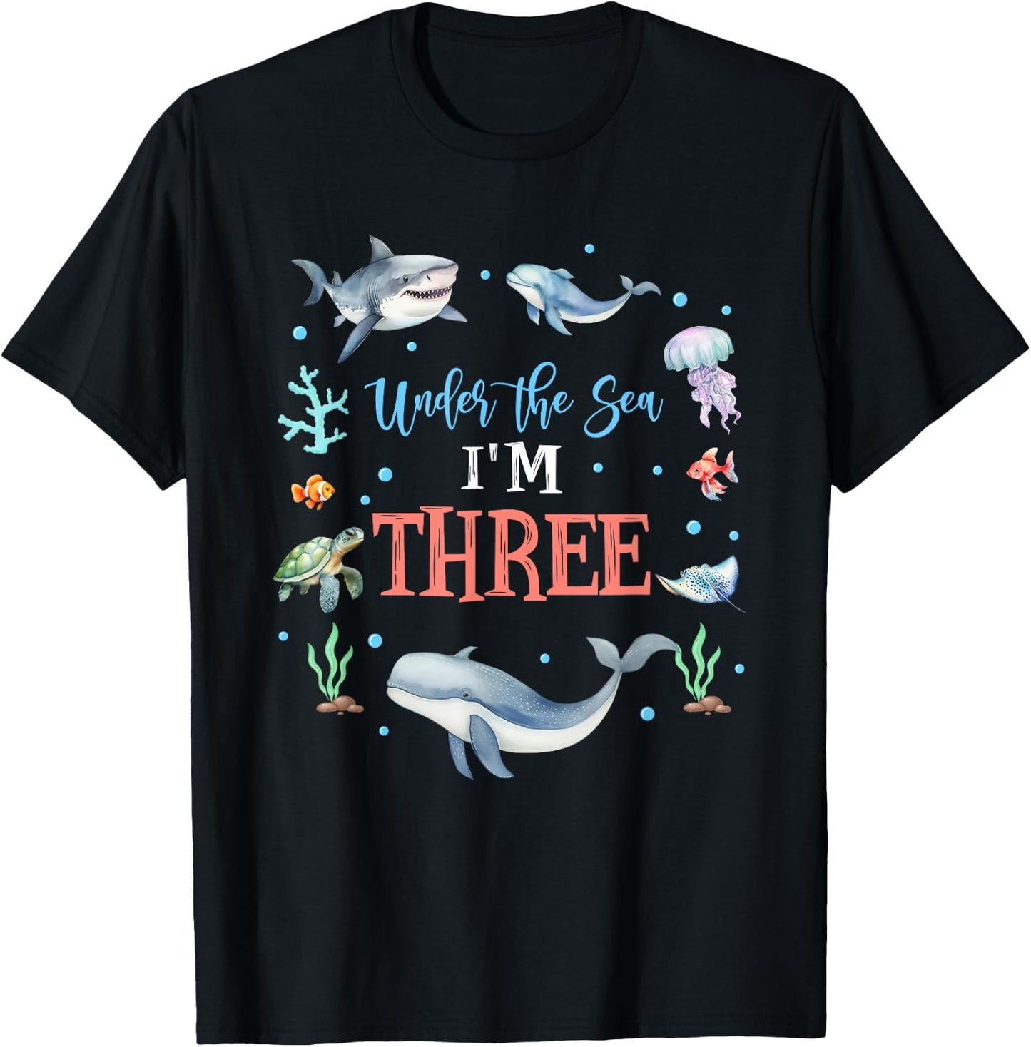 Under The Sea I'm 3 Year Old Ocean Life Whale 3rd Birthday T-Shirt - T-Shirt | Black