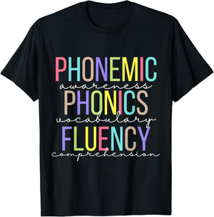 Phonemic Awareness Phonics Vocabulary Fluency, Comprehension T-Shirt - T-Shirt | Black