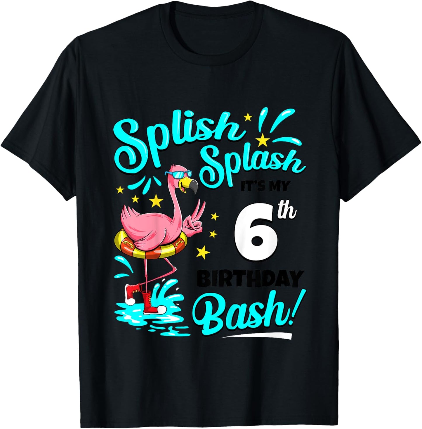 6th Birthday Flamingo 6 Years Old Pool Party Summer for Girls Kids T-Shirt - T-Shirt | Black