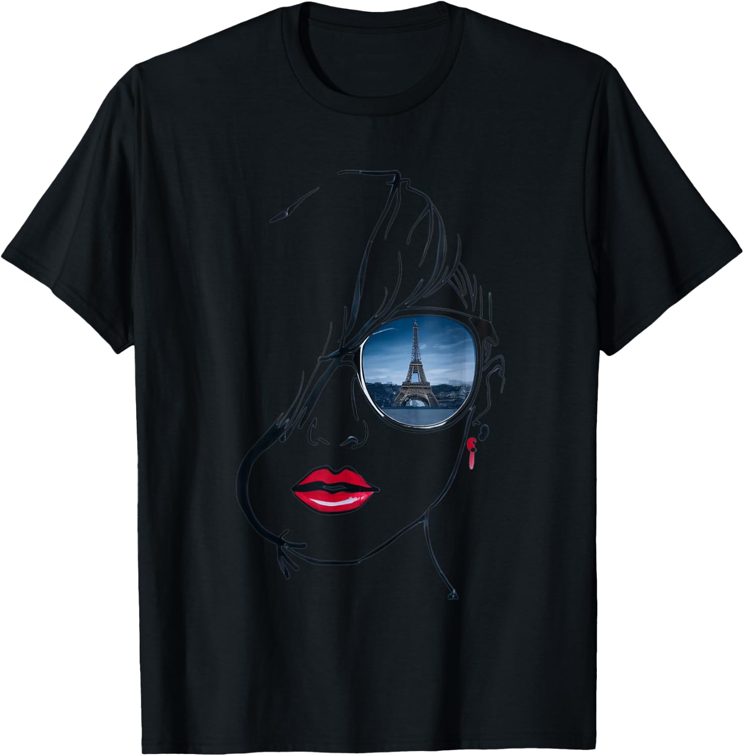 Woman's head lineart, with glasses Eiffel Tower reflection T-Shirt - T-Shirt | Black