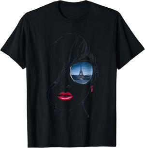 Woman's head lineart, with glasses Eiffel Tower reflection T-Shirt - T-Shirt | Black