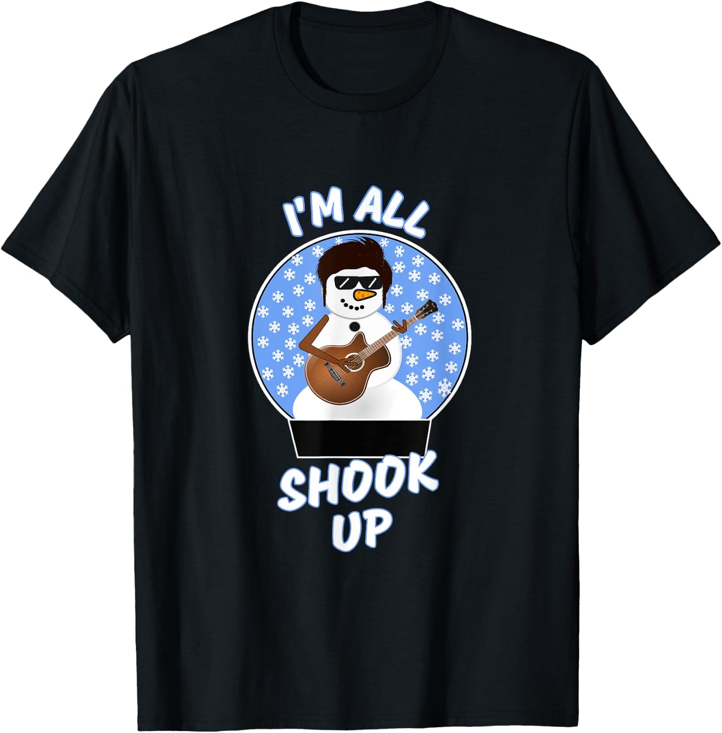 Funny Snowman Guitar Player I'm All Shook Up Xmas Snow Globe T-Shirt - T-Shirt | Black