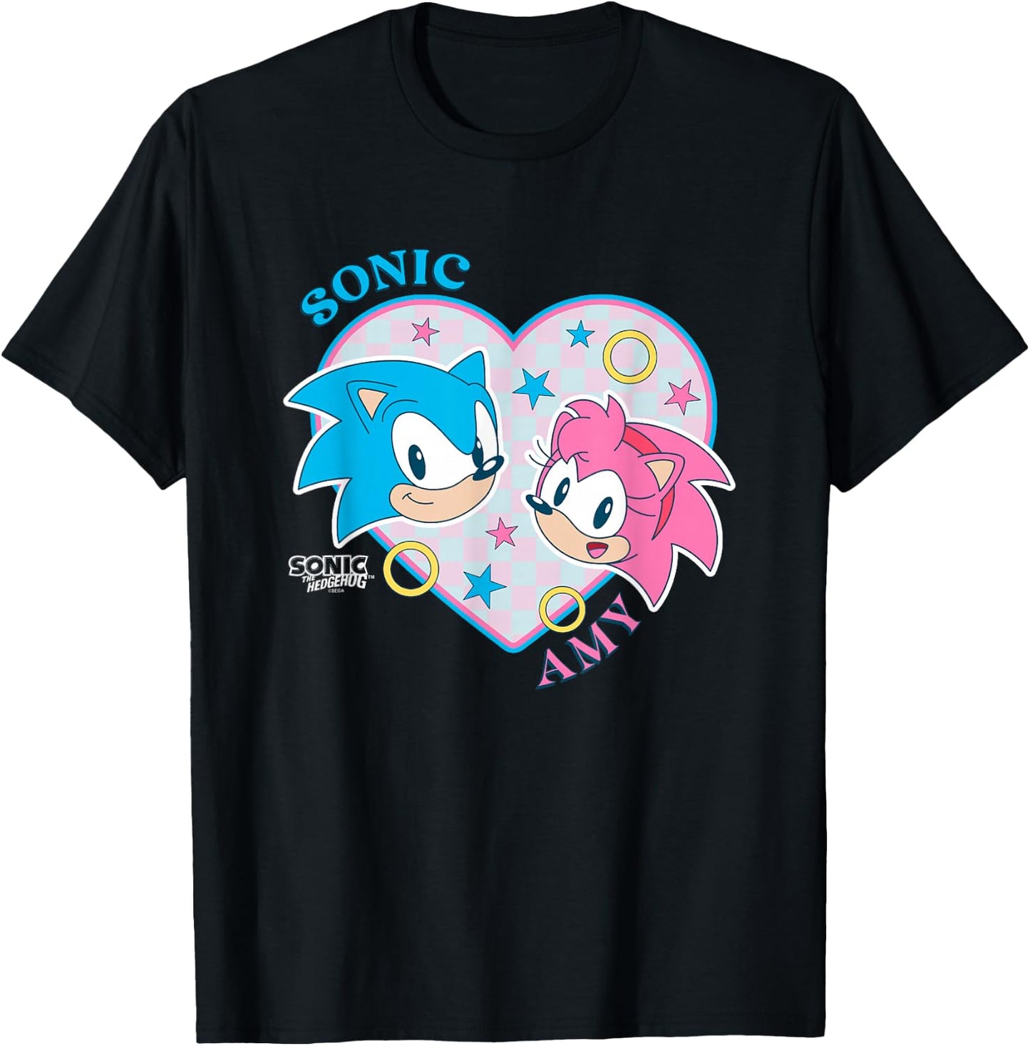 Sonic The Hedgehog Sonic & Amy Heart Shaped Portrait Retro T-Shirt - T-Shirt | Black