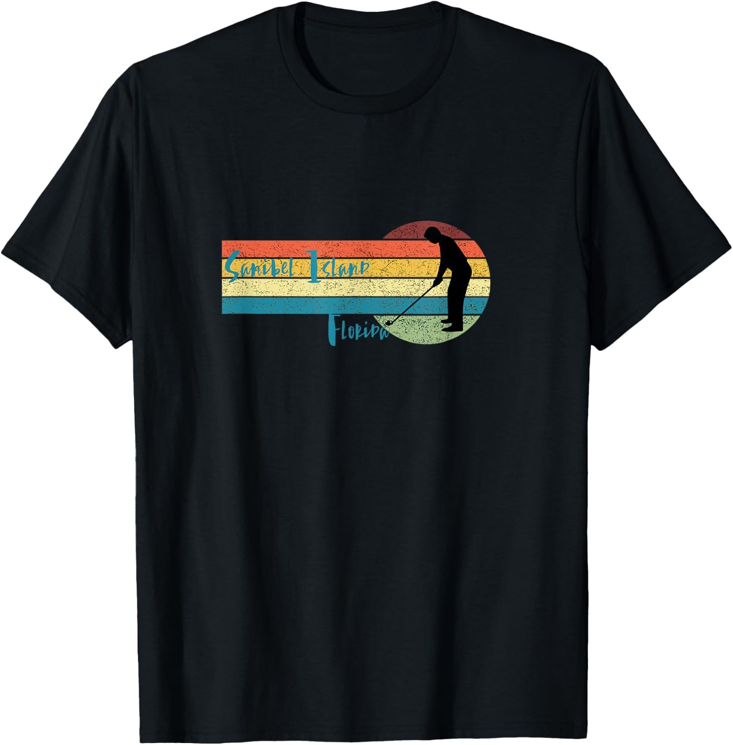 Golf Sanibel Island Fl: Man Golfing in Vintage Sunset T-Shirt - T-Shirt | Black