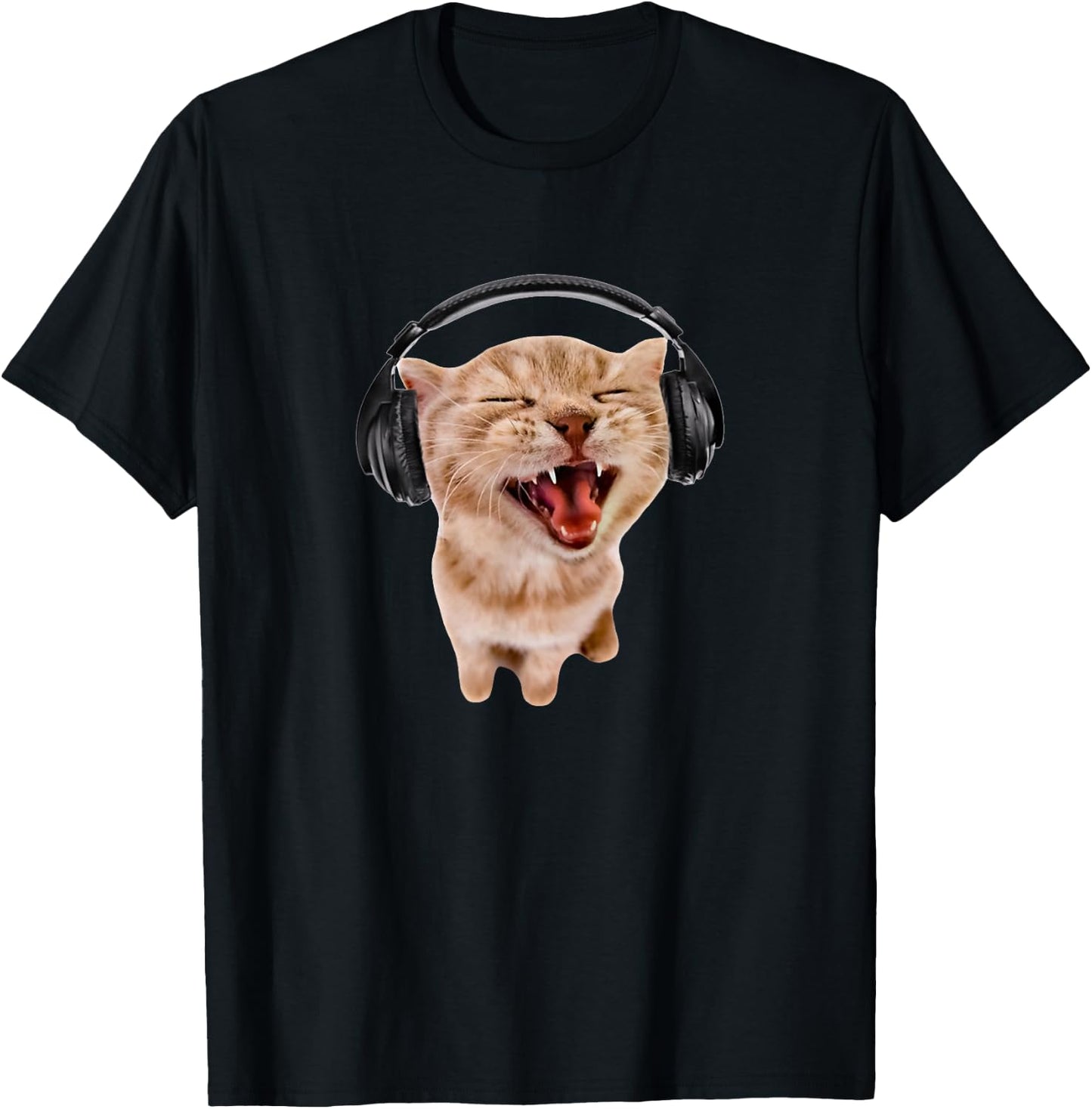 Silly Cat With Headphones T-Shirt - T-Shirt | Black