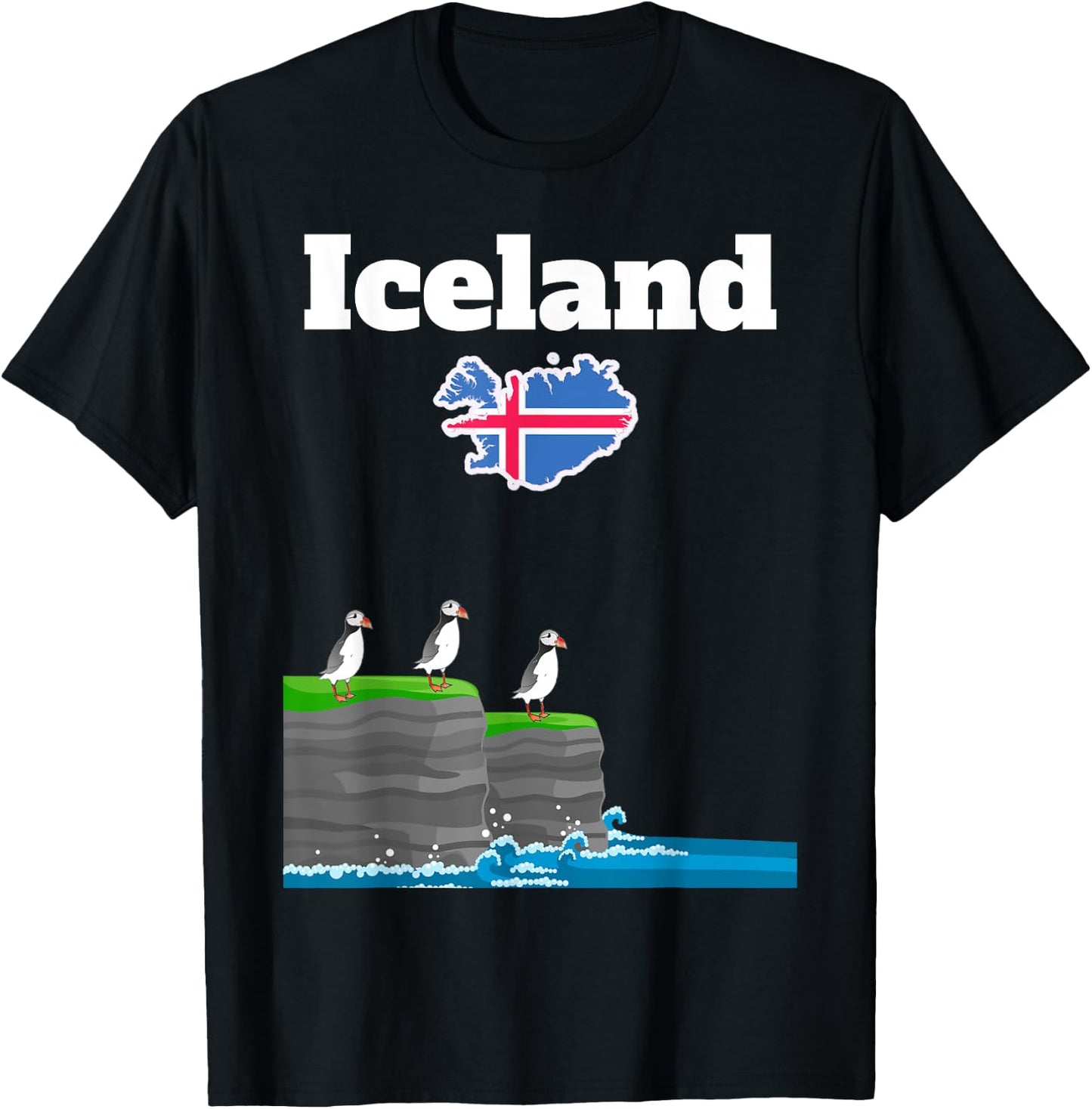 Iceland trip souvenir Puffin Colony Sea Cliffs Iceland map T-Shirt - T-Shirt | Black