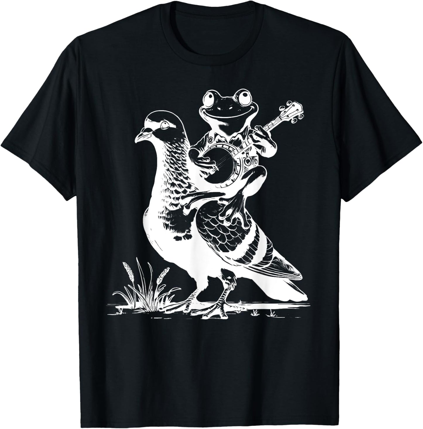 Retro Funny Frog Playing Banjo On Pigeon Animal Lover T-Shirt - T-Shirt | Black