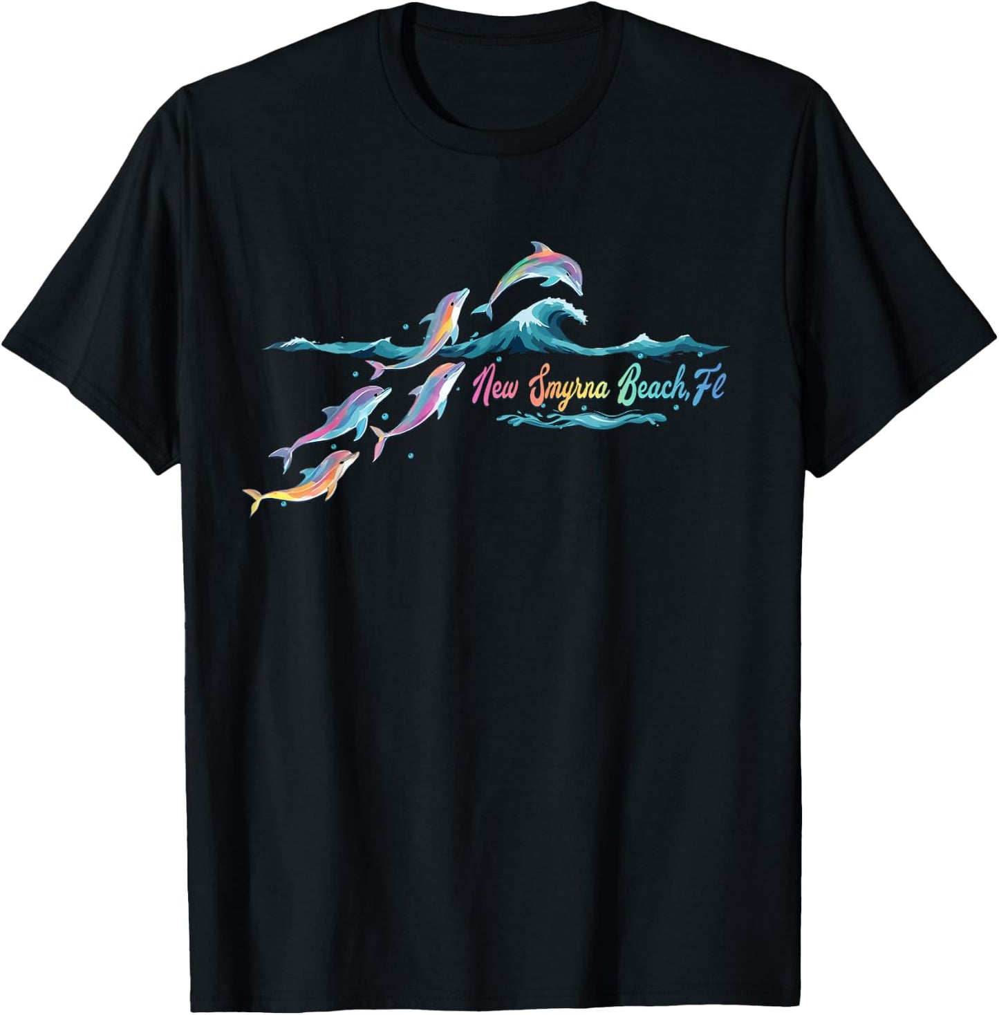 New Smyrna Beach Florida Colorful Dolphin Lover Beach T-Shirt - T-Shirt | Black
