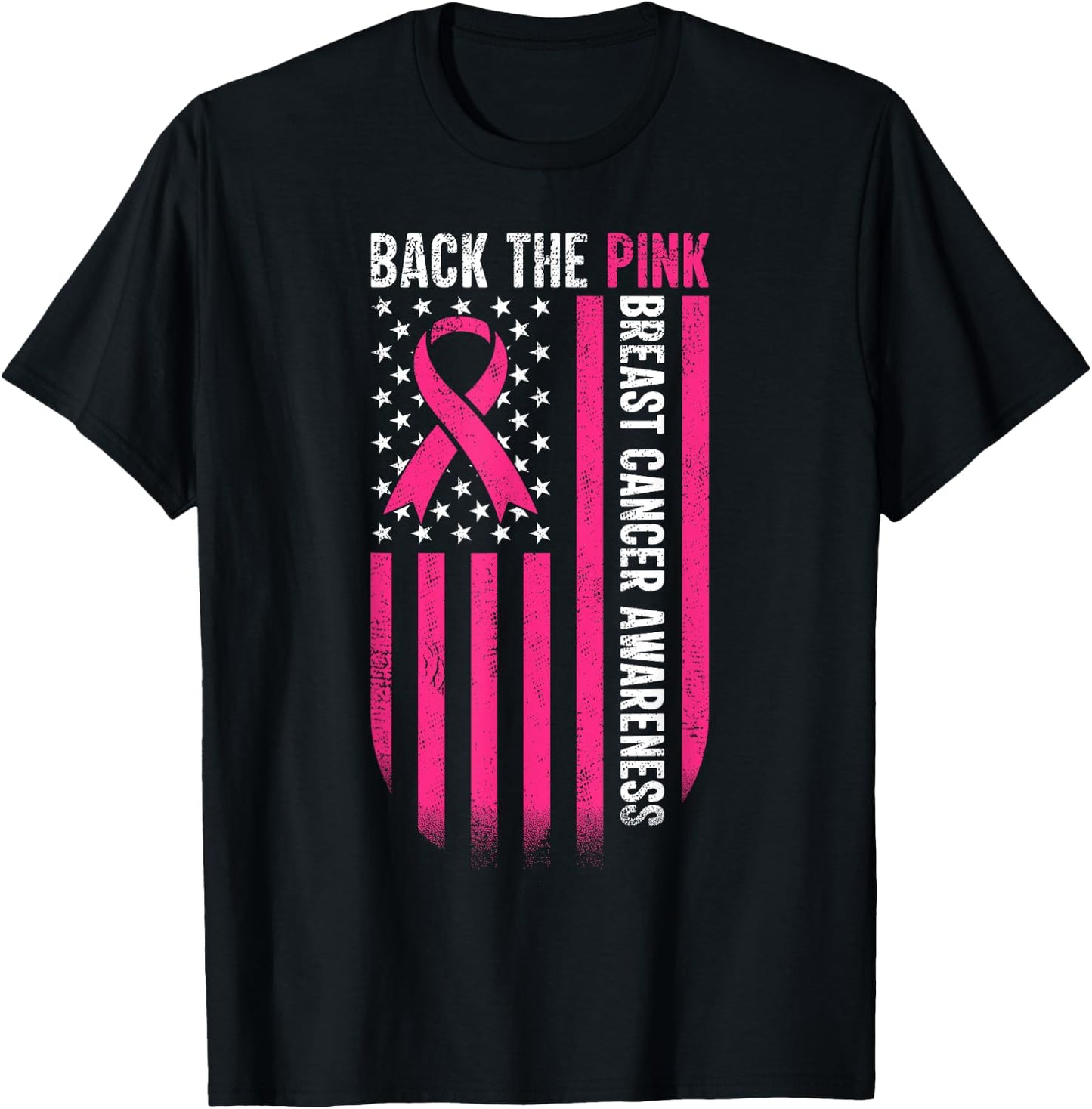 Back The Pink American Flag Breast Cancer Awareness Ribbon T-Shirt - T-Shirt | Black