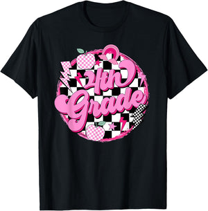 4th Grade Teacher Women Retro Checkered First Day of School T-Shirt - T-Shirt | Black