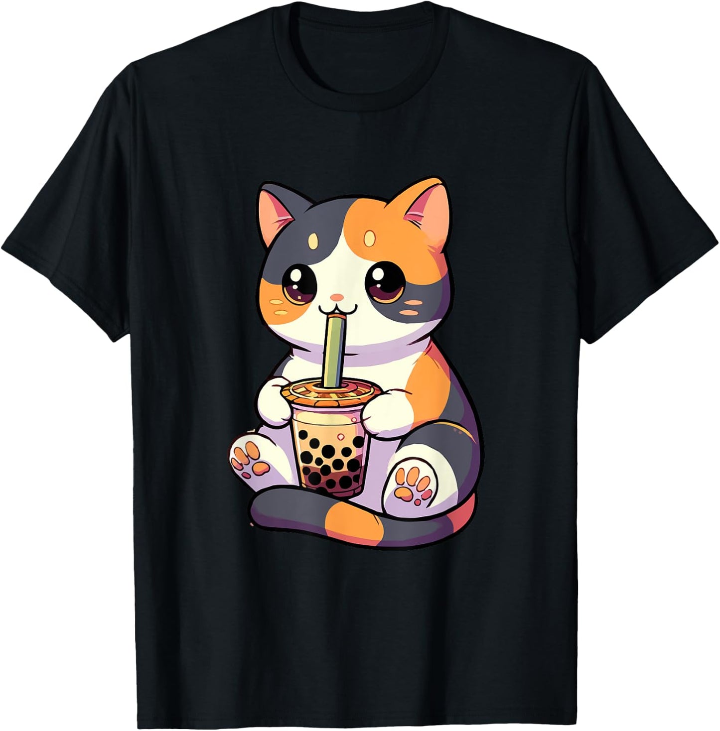 Cat Drinking Boba Feline Japanese Pet Kawaii Boba Calico Cat Women T-Shirt - T-Shirt | Black