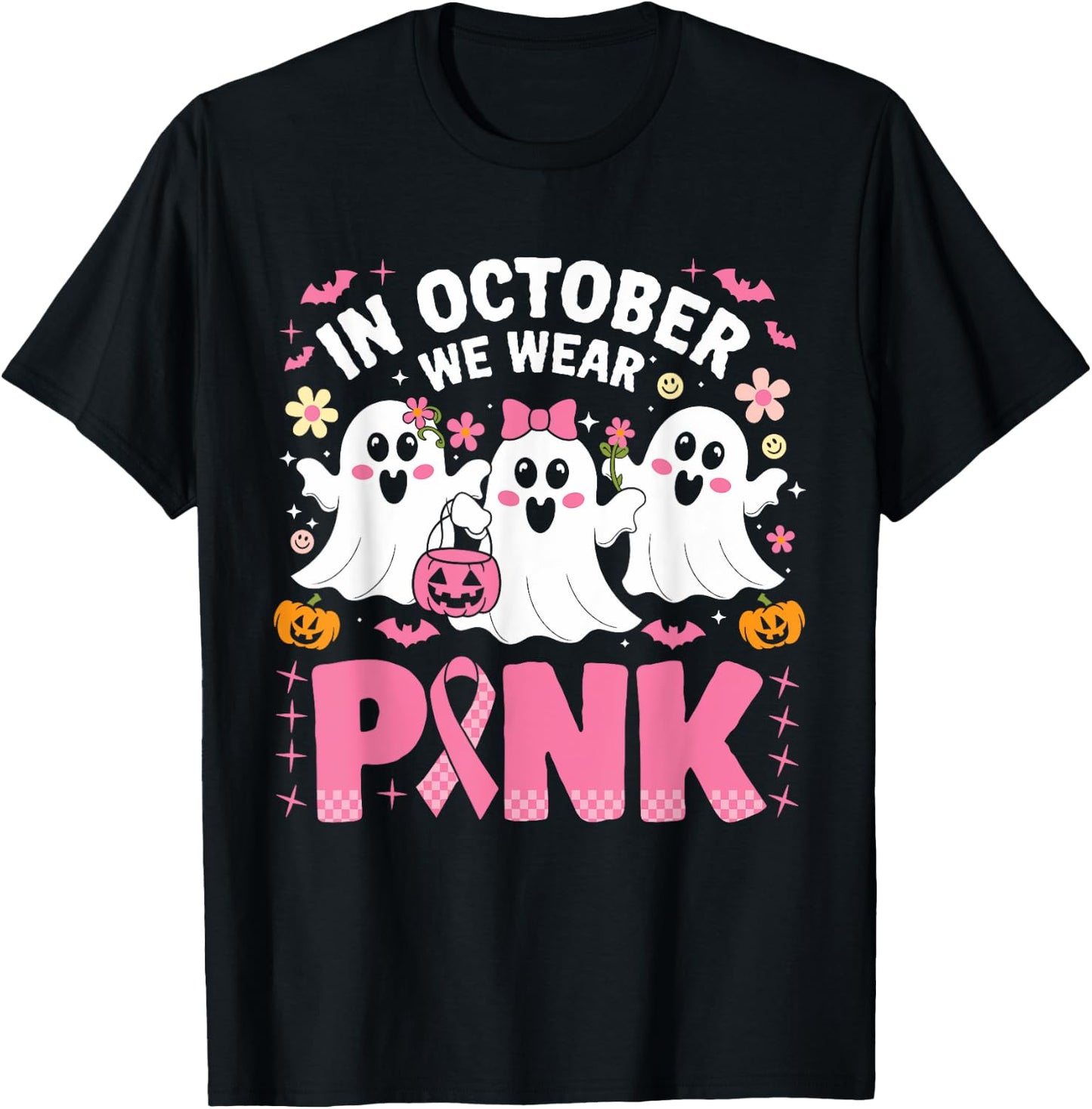 In October We Wear Pink Ghost Witch Breast Cancer Awareness T-Shirt - T-Shirt | Black