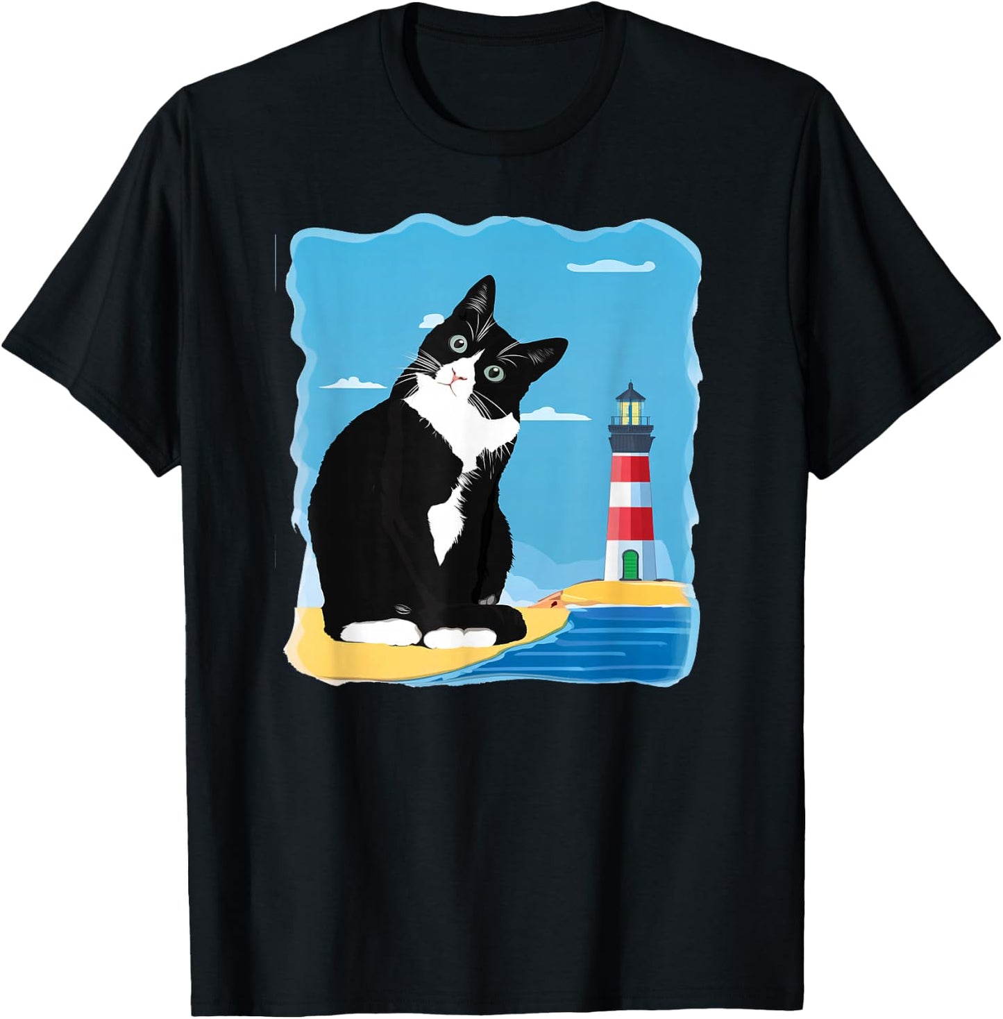 Tuxedo Cat Lighthouse Day Ocean Beach Summer Men Women Girls Kids T-Shirt - T-Shirt | Black