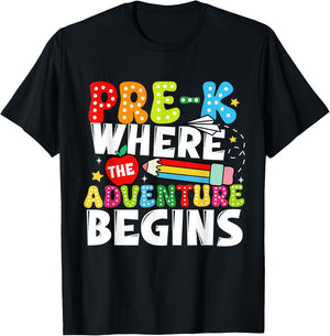 Pre-k Where The Adventure Begins First Day of Prek Teacher Men Women Kids T-Shirt - T-Shirt | Black