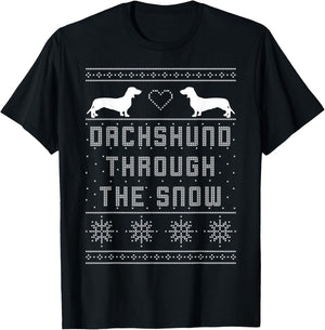 Dachshund Through the Snow Shirt Ugly Christmas Sweater Gift T-Shirt - T-Shirt | Black