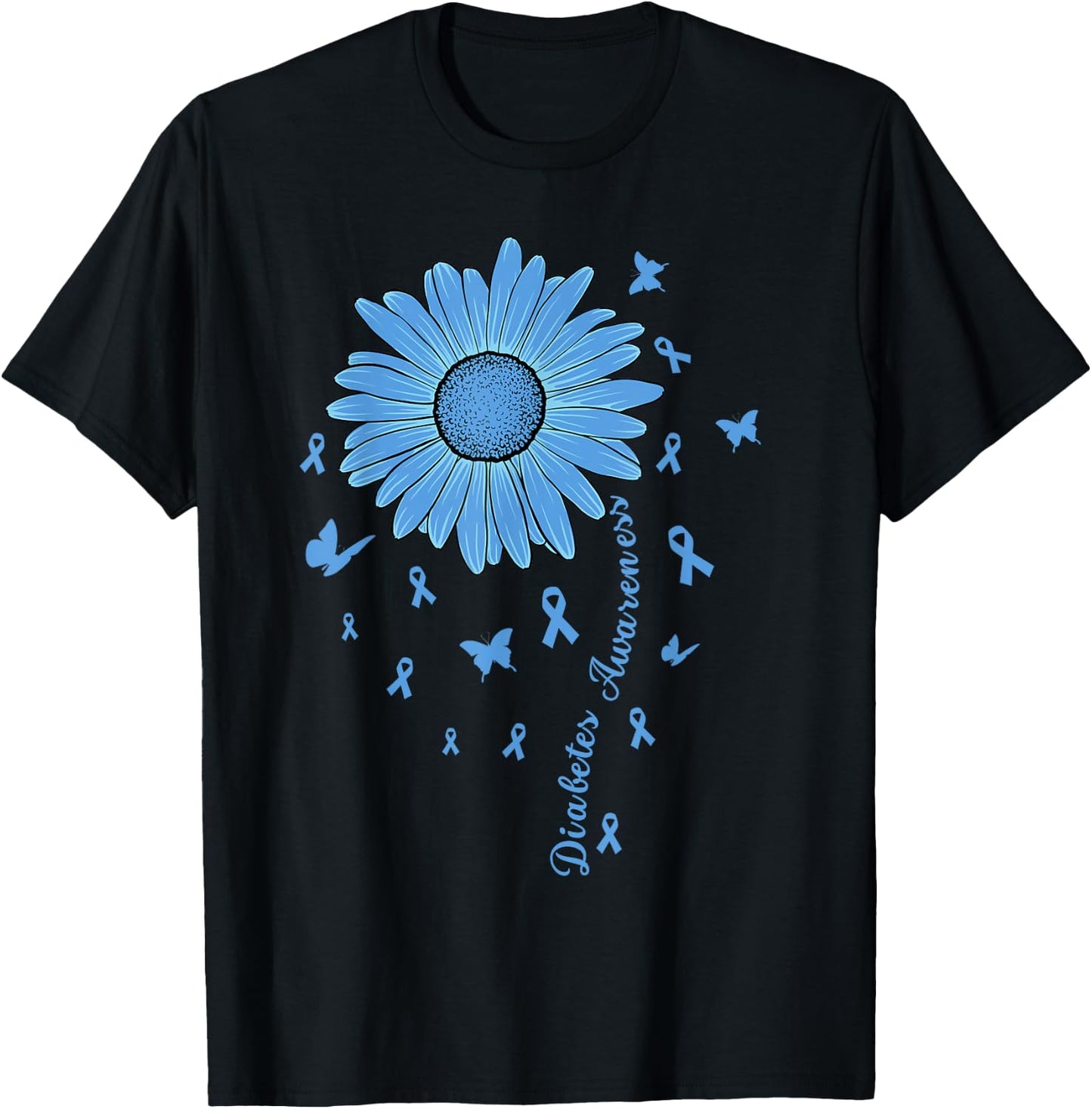 Diabetes Awareness Month Flower Blue Ribbon Diabetic Type 1 T-Shirt - T-Shirt | Black