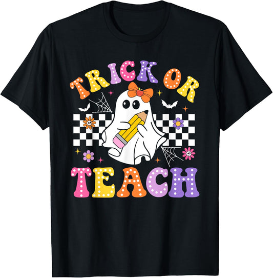 Trick Or Teach Groovy Halloween Teachers T-Shirt - T-Shirt | Black