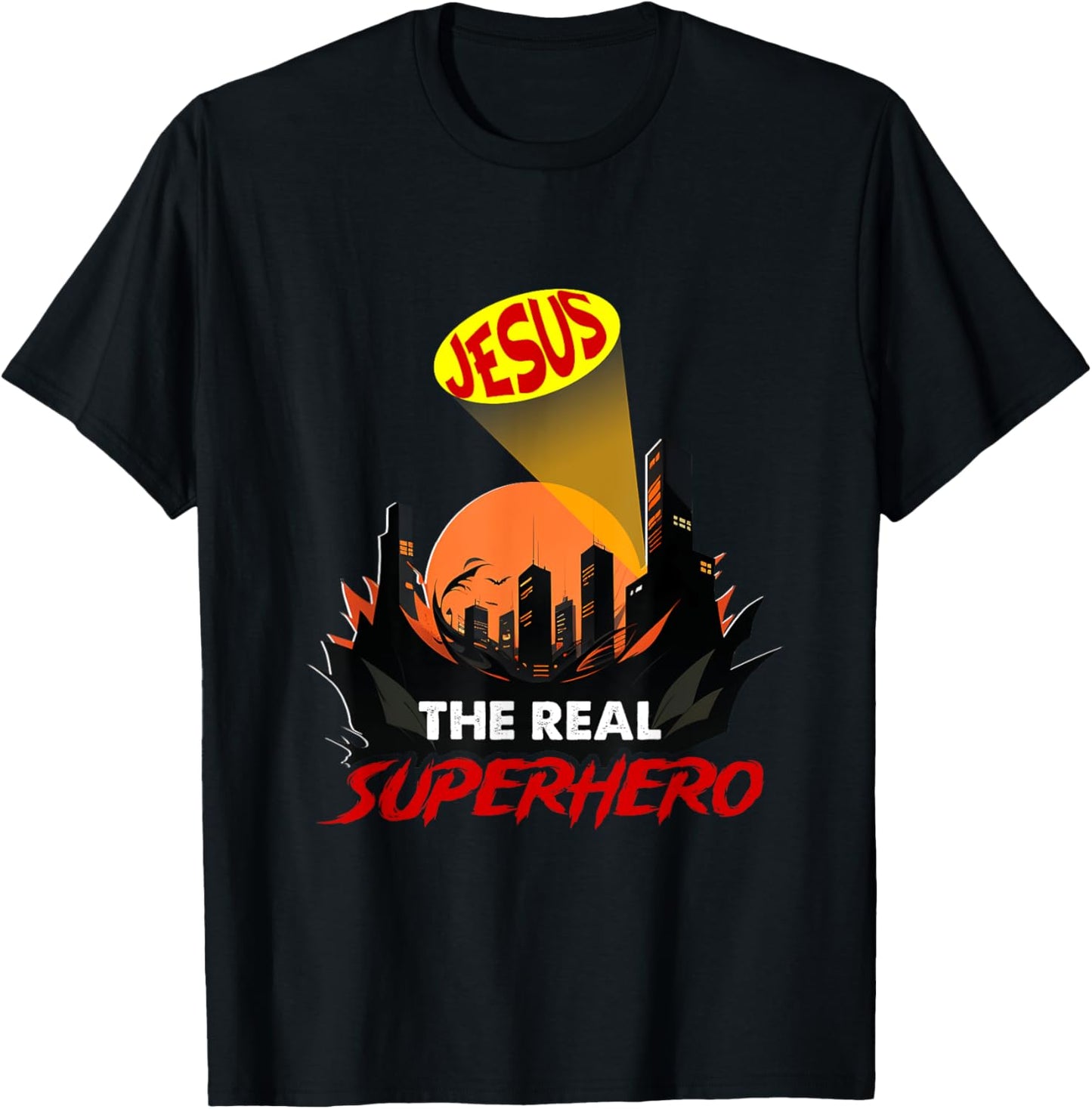 Jesus The Real Superhero Bat Signal Night Of City Christian T-Shirt - T-Shirt | Black