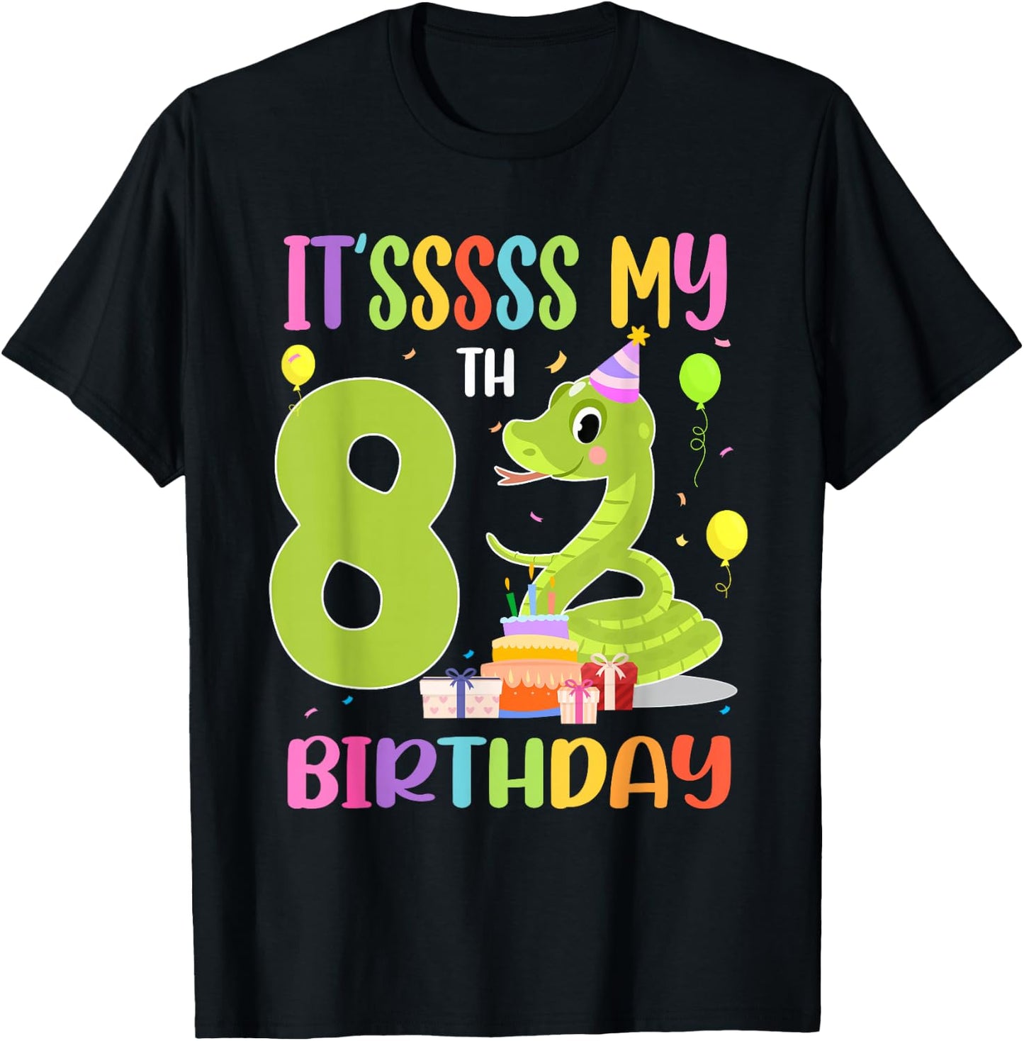 It's My 8th Birthday Snake 8 Years Old Birthday T-Shirt - T-Shirt | Black