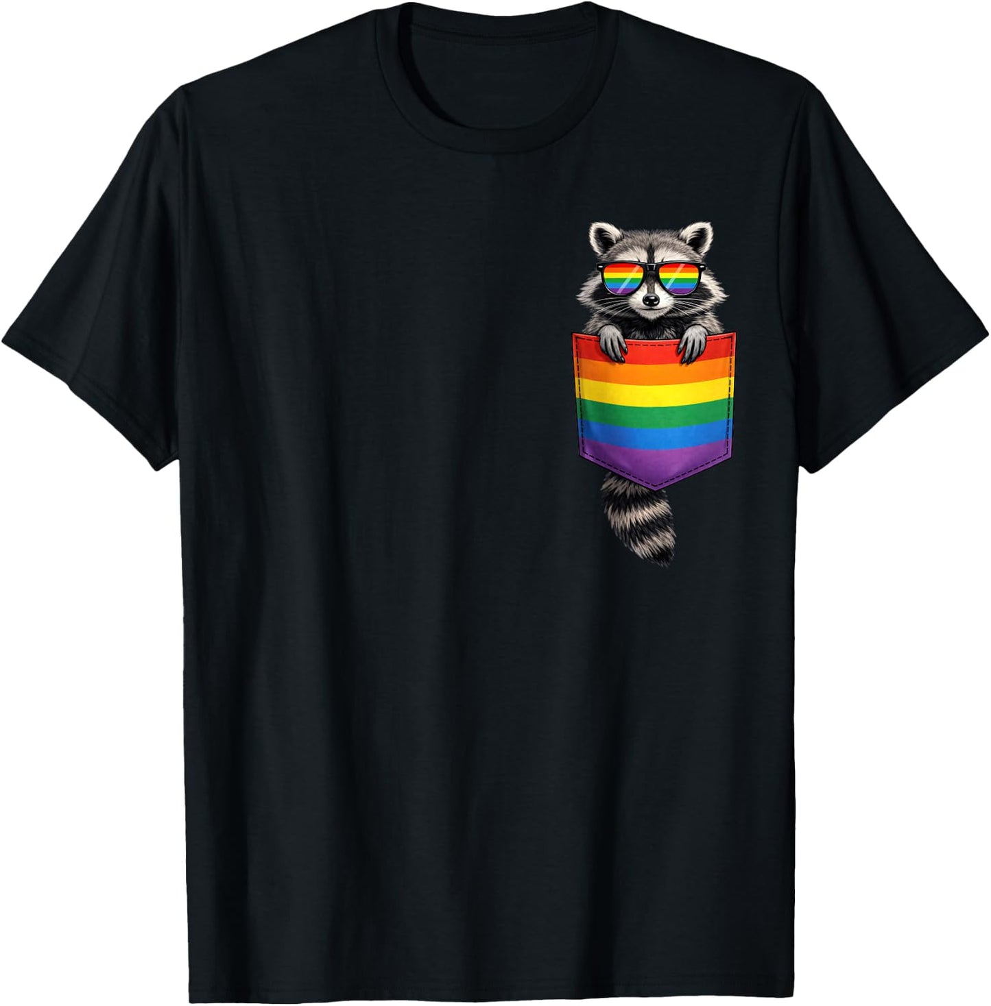 Cute Raccoon Pocket Funny LGBT Rainbow Ally Gay Pride Flag T-Shirt - T-Shirt | Black