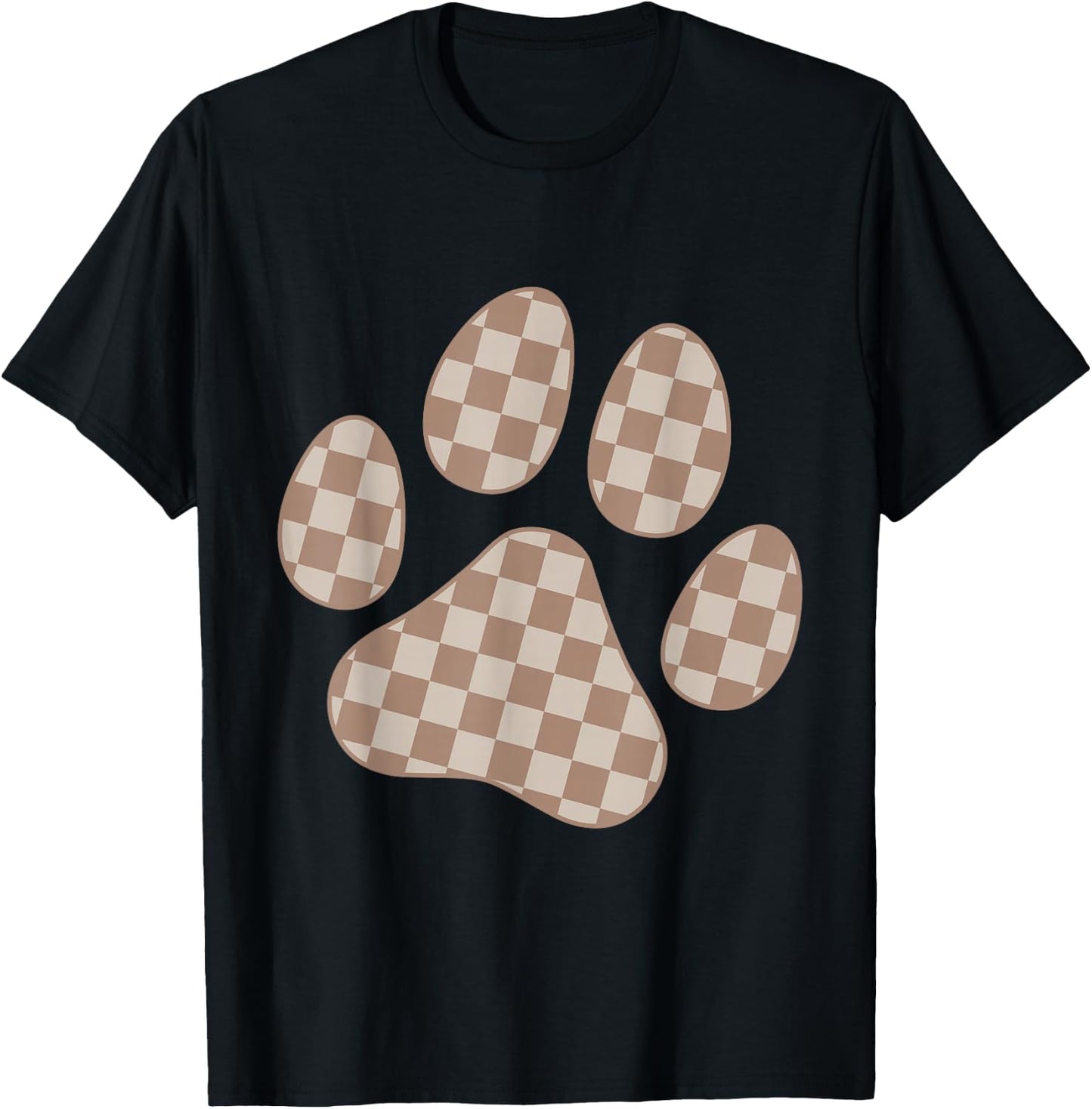 Brown Beige Checkered Cat Dog Paw Print Checkerboard Men Women Kids T-Shirt - T-Shirt | Black