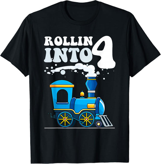 Rollin' Into 4 Train 4th Birthday Party Four Years Old Boys T-Shirt - T-Shirt | Black