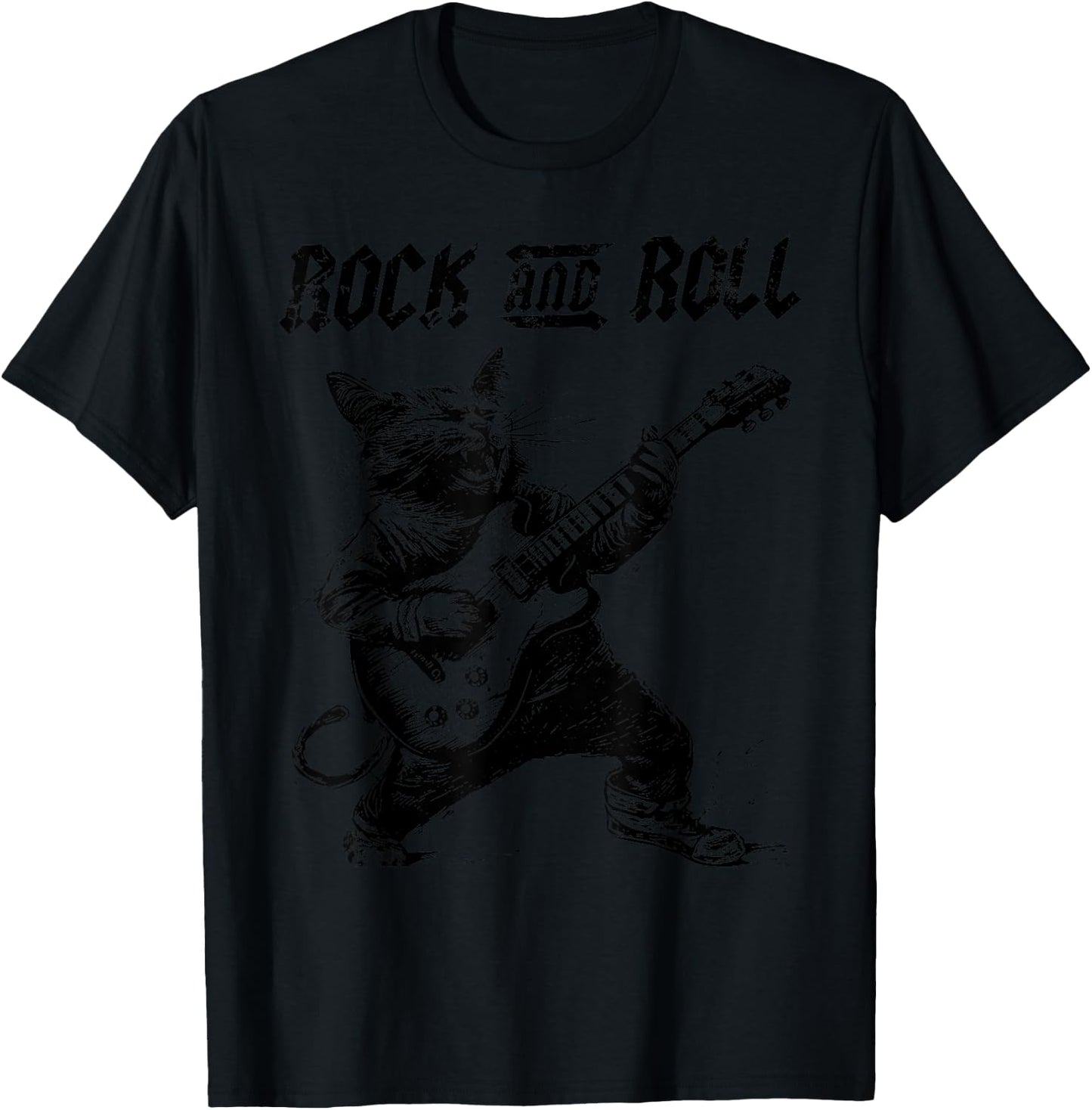 Rock and Roll Guitar Cat Vintage ROCK Guitarist Cat Men Women Girls Kids T-Shirt - T-Shirt | Black