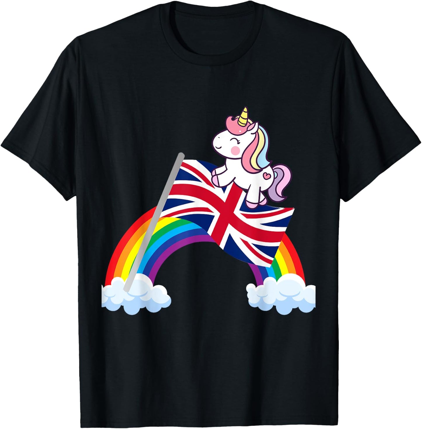 Unicorn Riding British UK Flag Boys Girls Women Kids Rainbow T-Shirt - T-Shirt | Black