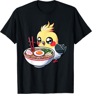 Cute Kawaii Cockatiel Bird Eating Ramen Parrot Lover Funny T-Shirt - T-Shirt | Black