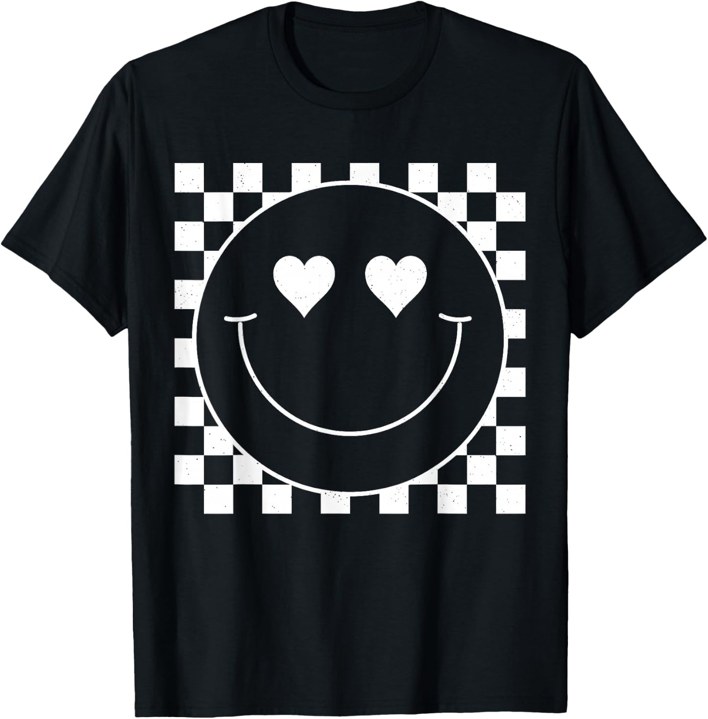 White Checkered 80s Heart Eyes Smile Face Shirt Happy Face T-Shirt - T-Shirt | Black