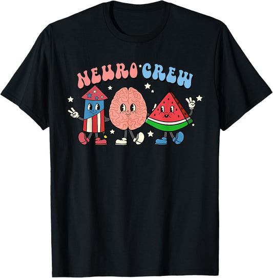 Retro Neuro Crew 4th of July Nurse Brain Neurology Nursing T-Shirt - T-Shirt | Black