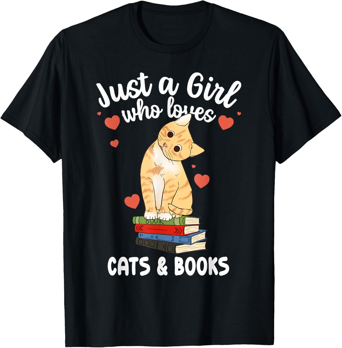 Just a Girl Who Loves Cats and Books Reading Cat & Bookworm T-Shirt - T-Shirt | Black