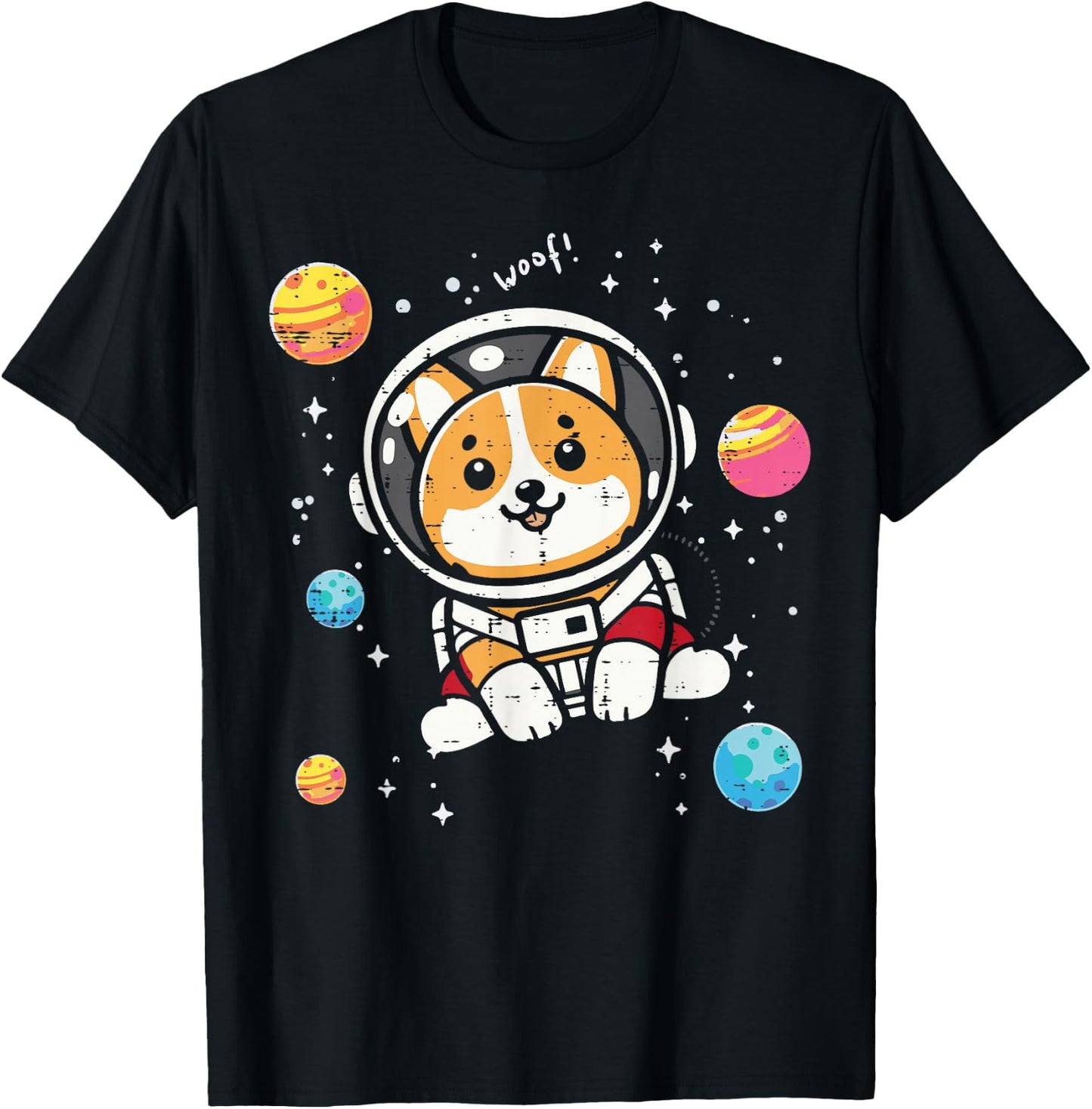 Astronaut Dog Welsh Corgi Woof Space Galaxy Men Women Kids T-Shirt - T-Shirt | Black