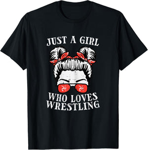 Just Girl Who Loves Wrestling Messy Bun Wrestler Women Kids T-Shirt - T-Shirt | Black