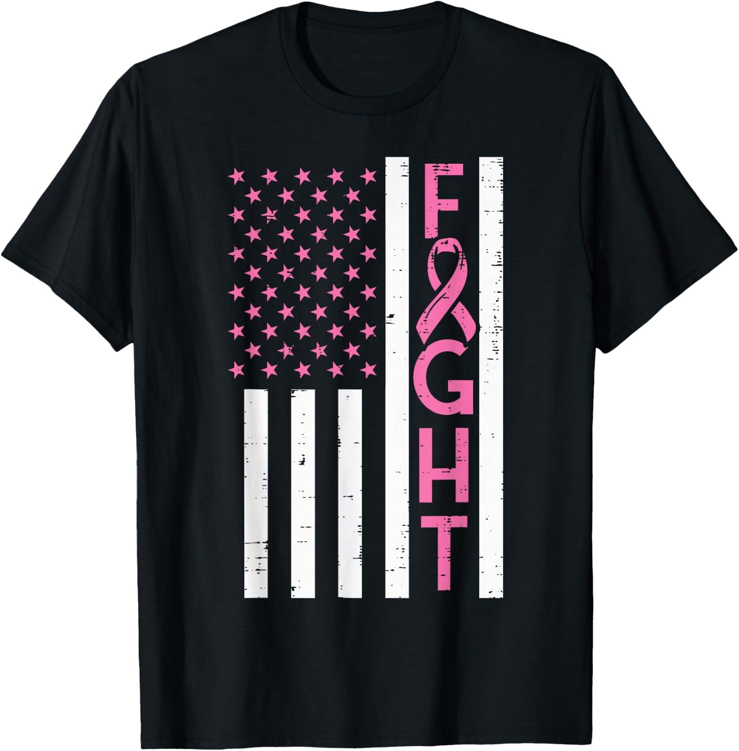 US Flag Pink Ribbon Fight Breast Cancer Awareness Patriotic T-Shirt - T-Shirt | Black
