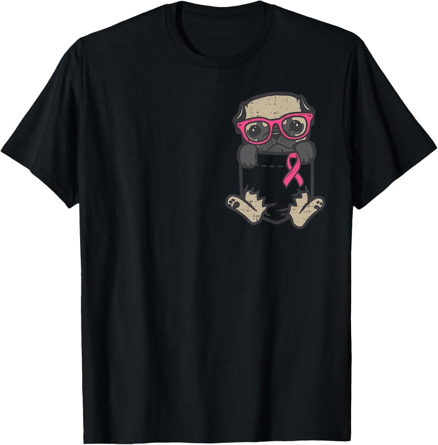 Pocket Pug Dog Pink Ribbon Breast Cancer Awareness Dog T-Shirt - T-Shirt | Black
