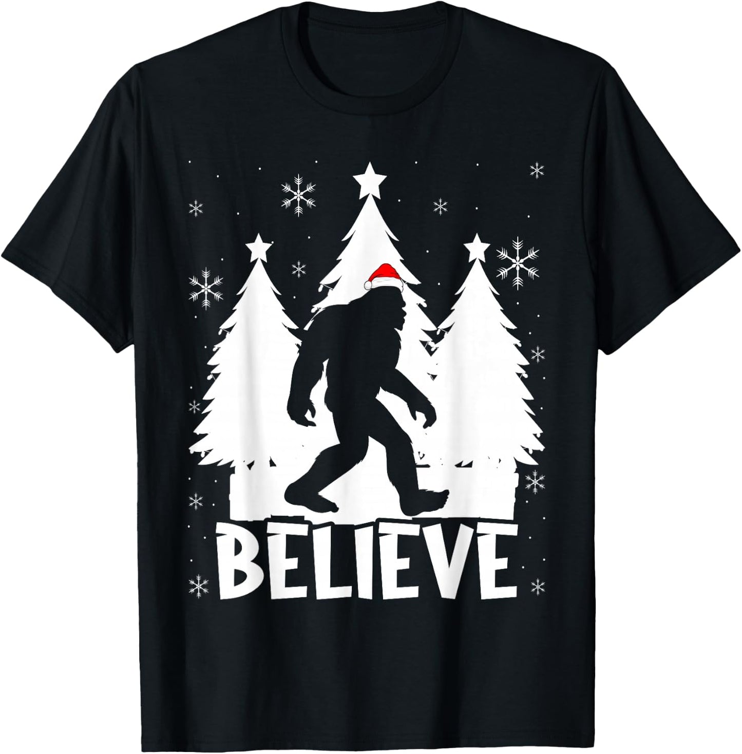 Believe In Bigfoot Christmas Sasquatch Bigfoot Santa Hat T-Shirt - T-Shirt | Black