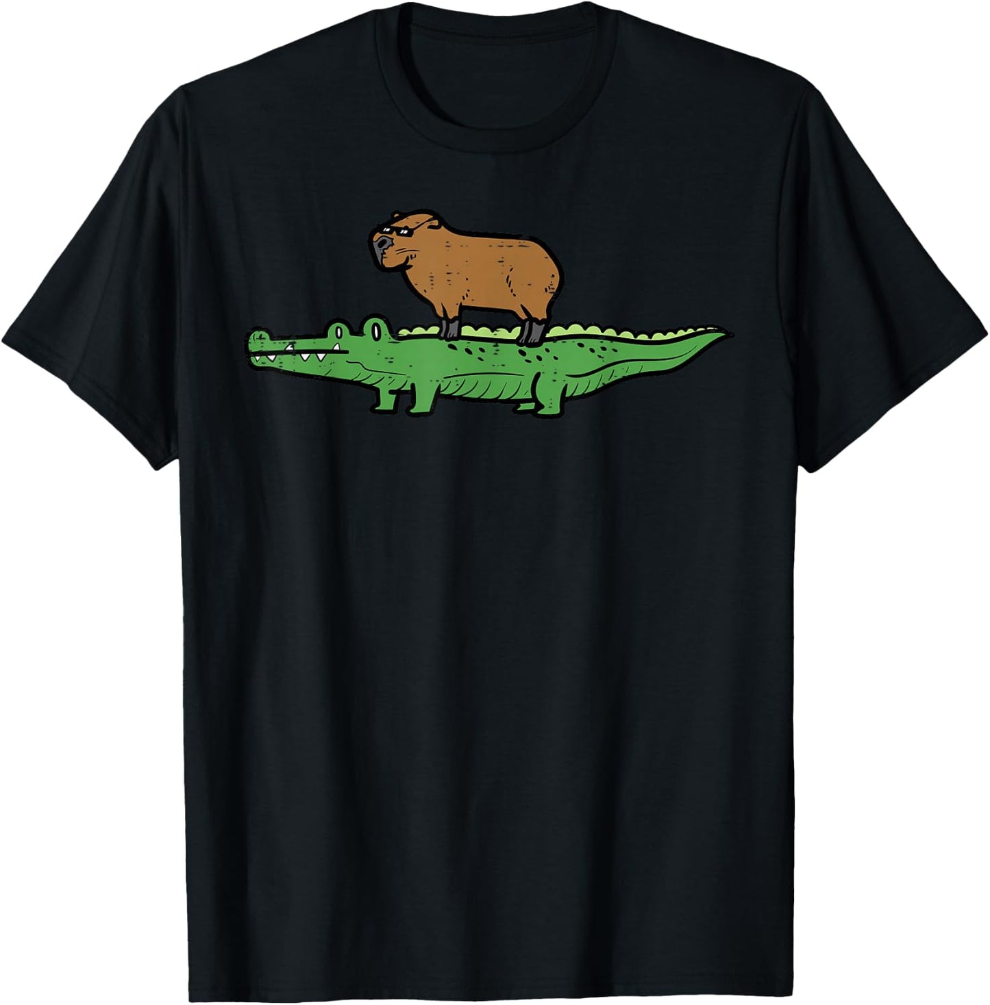 Capybara On Crocodile Capy Alligator Rodent Men Women Kids T-Shirt - T-Shirt | Black