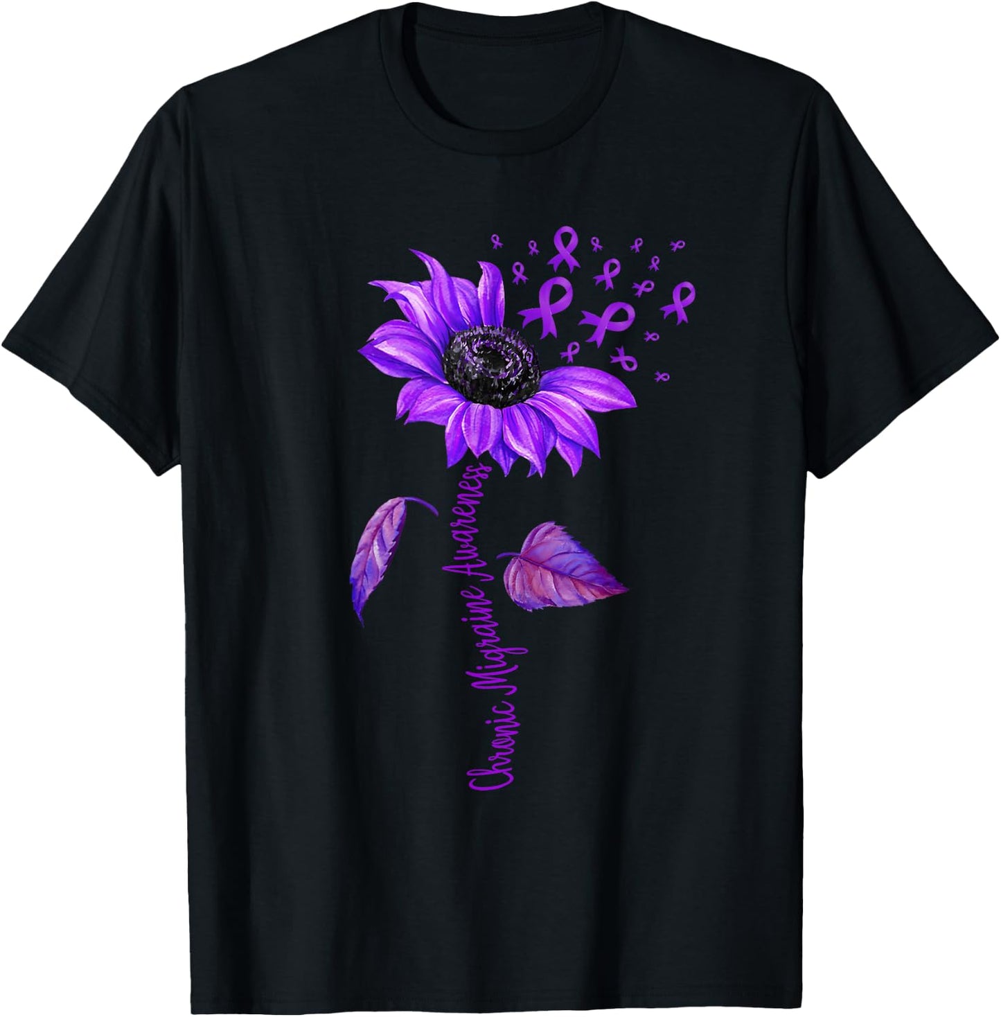 Chronic Migraine Awareness Month Sunflower Purple Ribbon T-Shirt - T-Shirt | Black