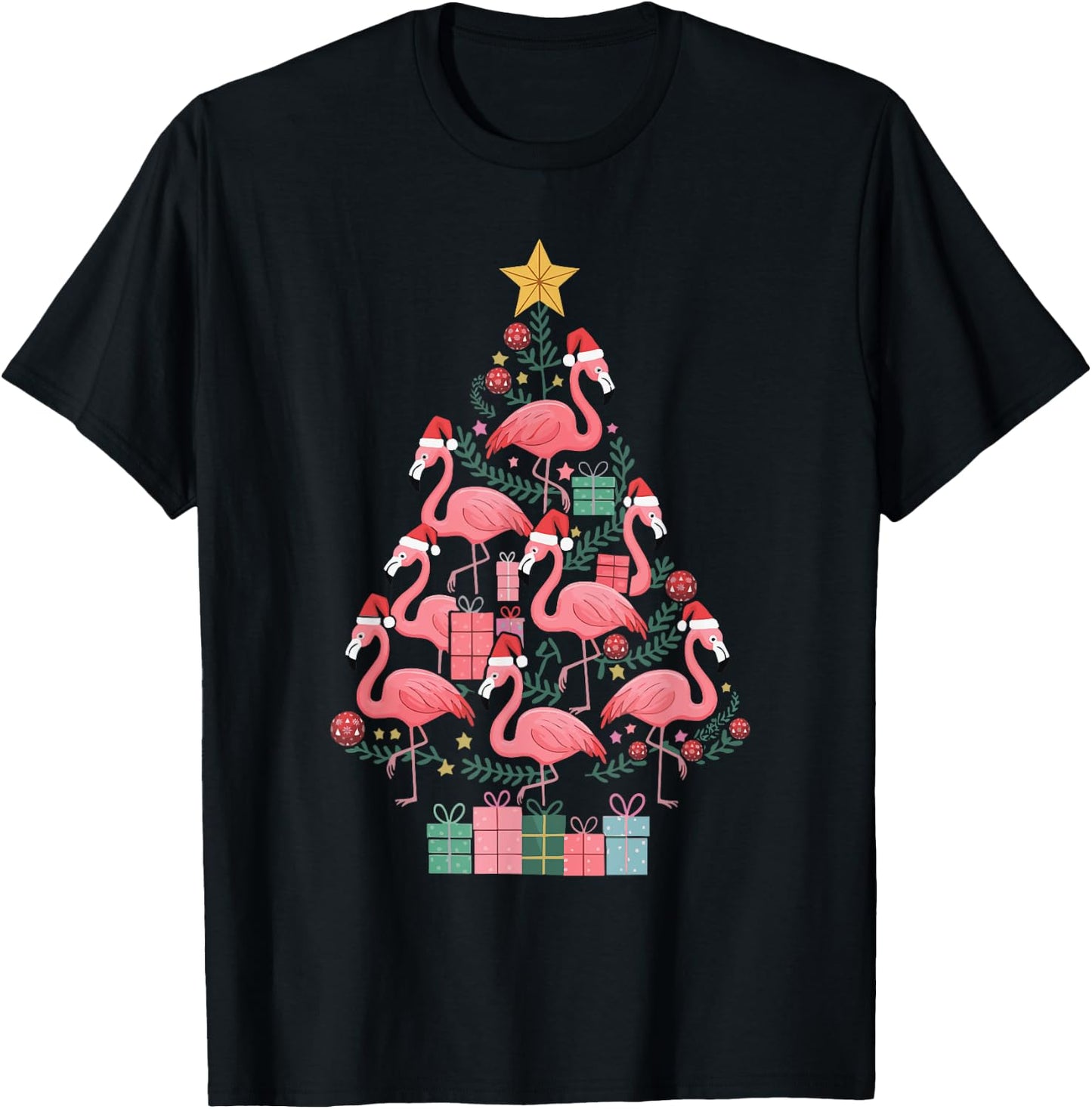 Flamingo Christmas Tree T-Shirt - T-Shirt | Black