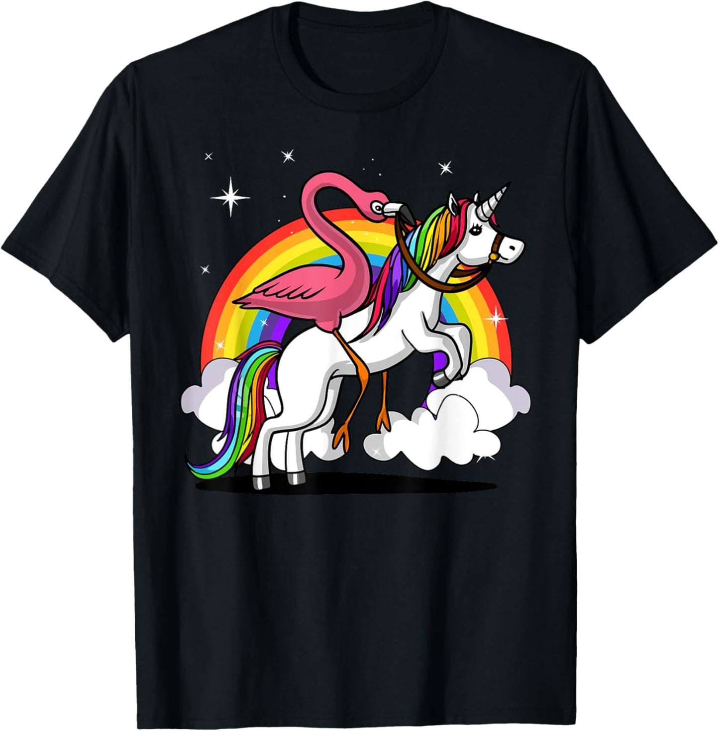 Flamingo Bird Riding Unicorn Magical Rainbow Kids Girls T-Shirt - T-Shirt | Black