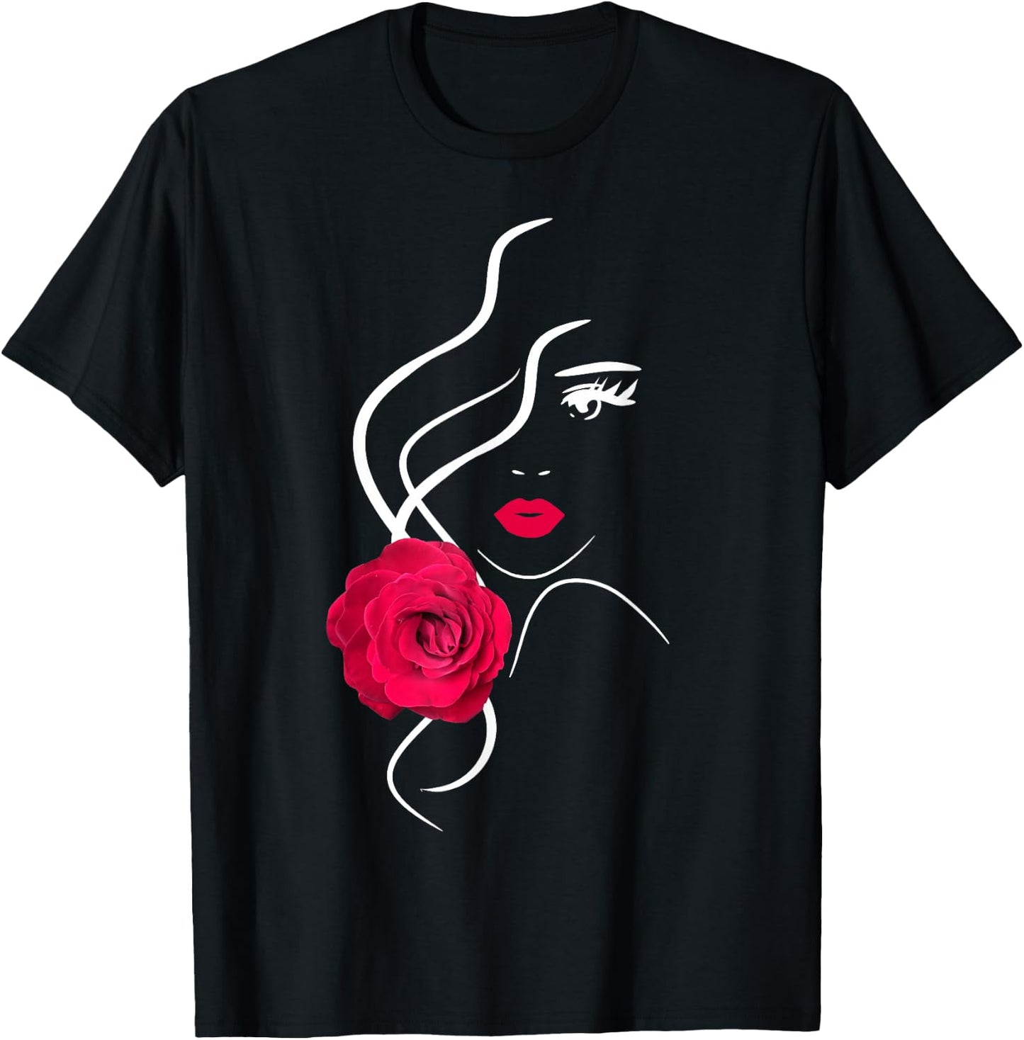 Pretty Girl Face with Hot Red Rose Black White Shapes Mania T-Shirt - T-Shirt | Black