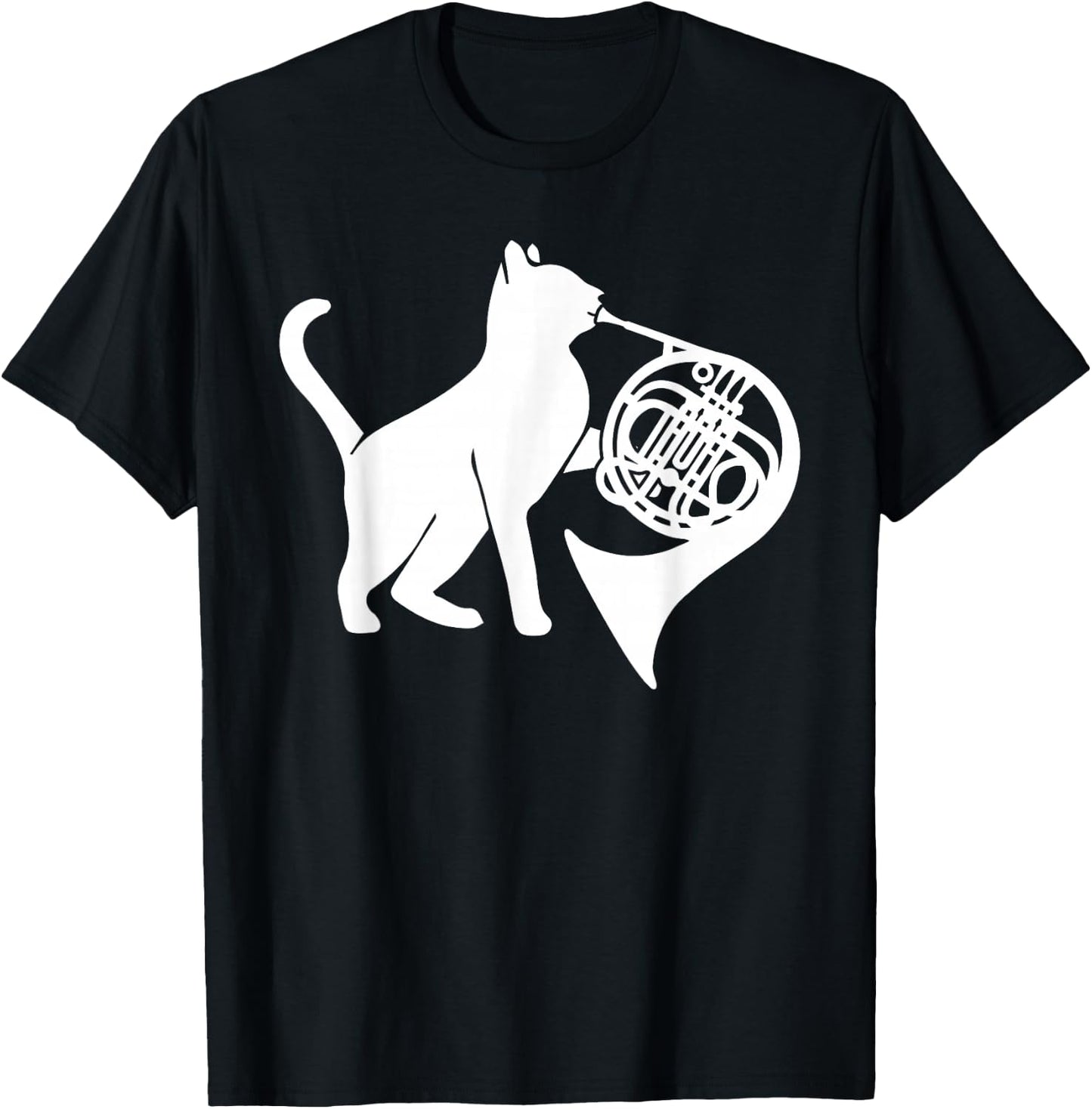 Cool Cat Playing French Horn Musician Orchestra Music T-Shirt - T-Shirt | Black