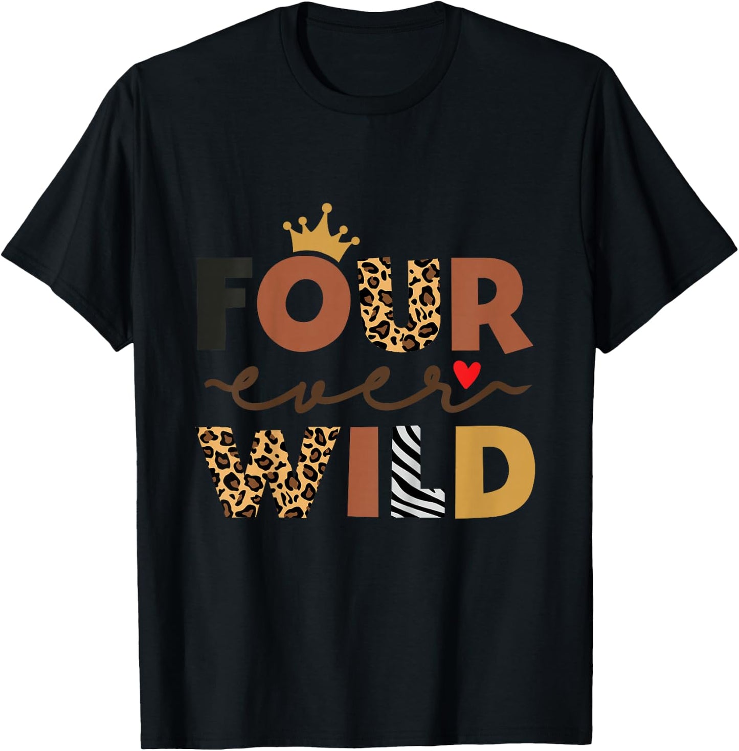 Kids Four Ever Wild Pink 4th Birthday Girl Crown Leopard T-Shirt - T-Shirt | Black