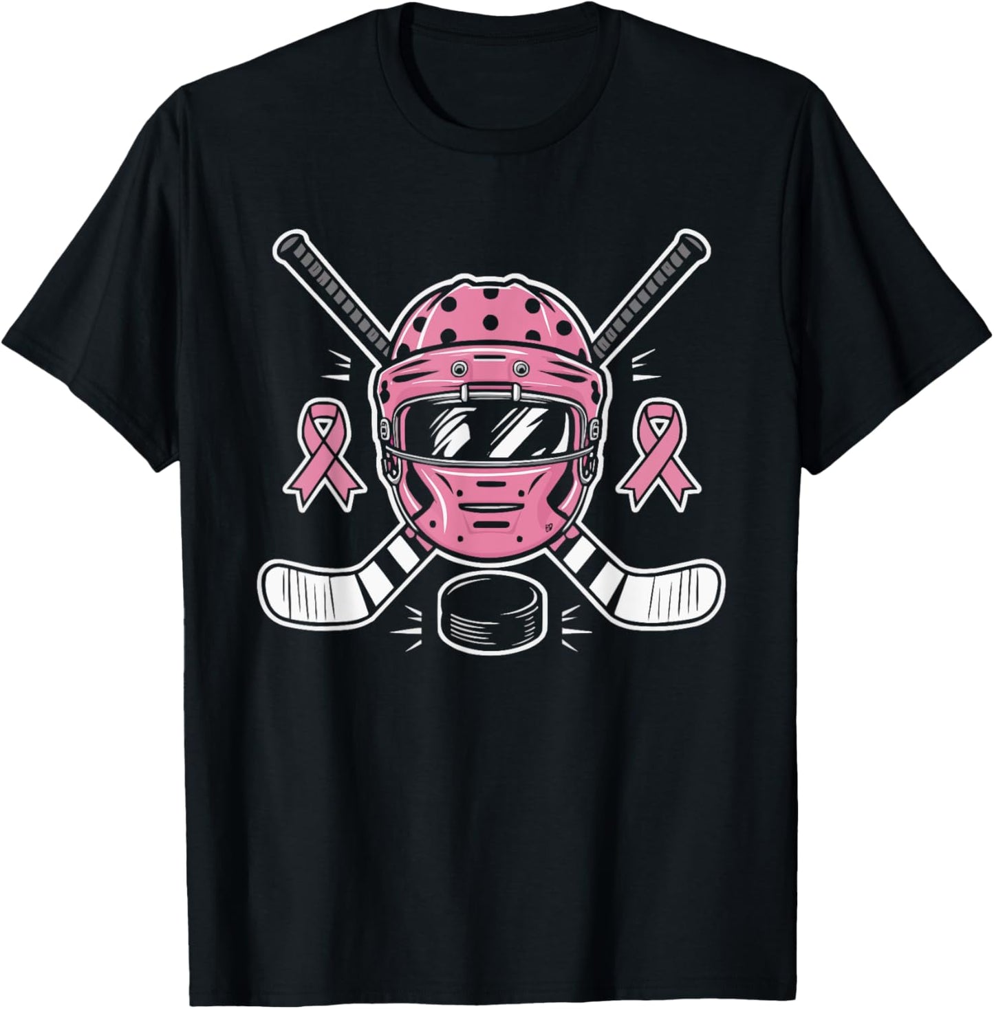 Ice Hockey Breast Cancer Awareness Month Pink Ribbon T-Shirt - T-Shirt | Black