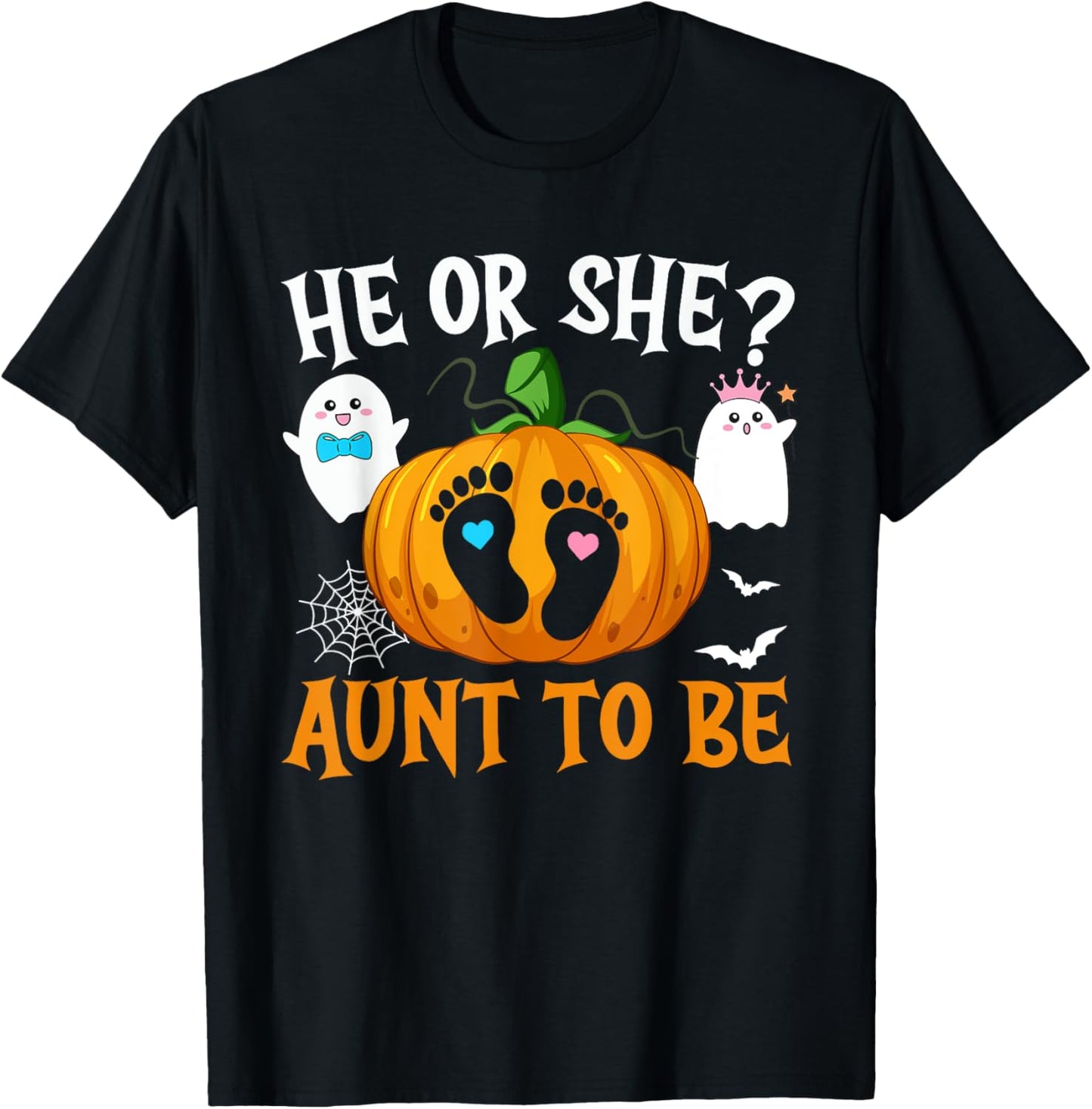 Halloween Gender Reveal He or She Aunt To Be Pumpkin T-Shirt - T-Shirt | Black