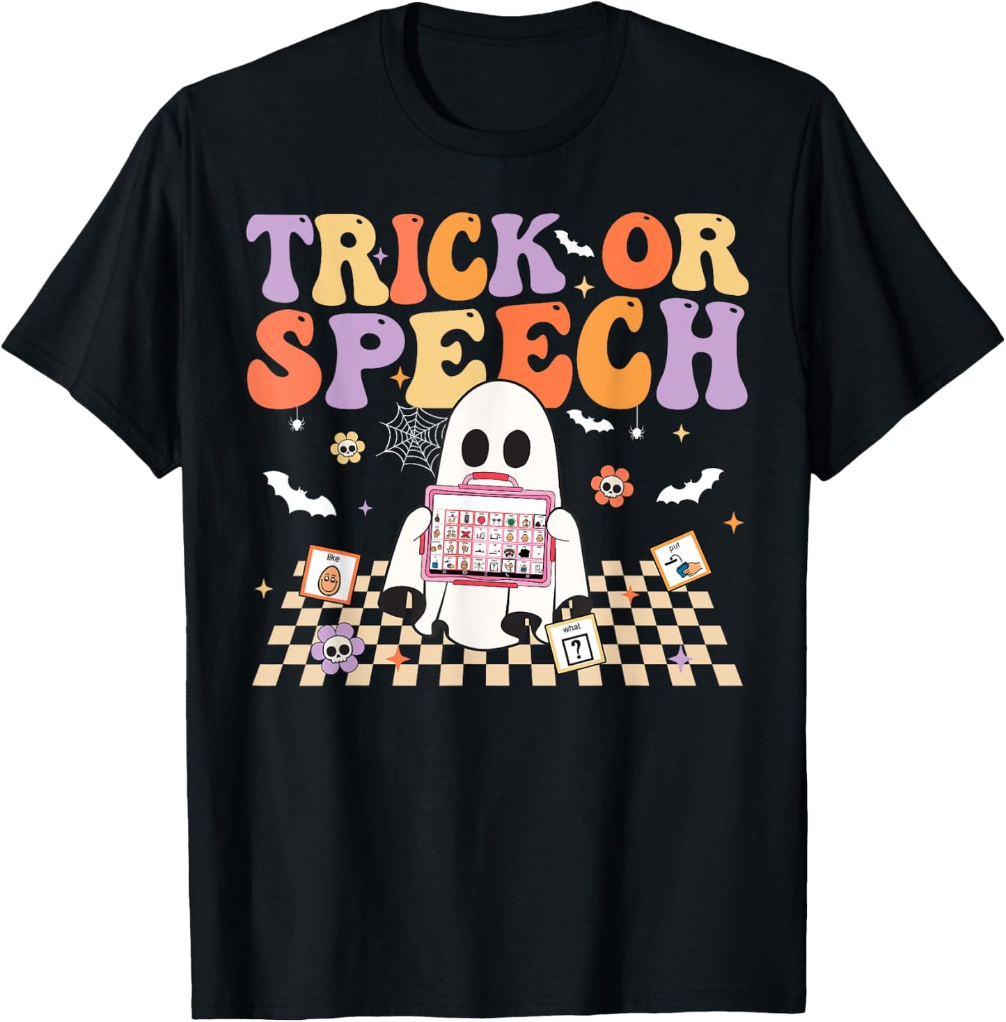 Trick or Speech Retro SLP Halloween Speech Therapy T-Shirt - T-Shirt | Black