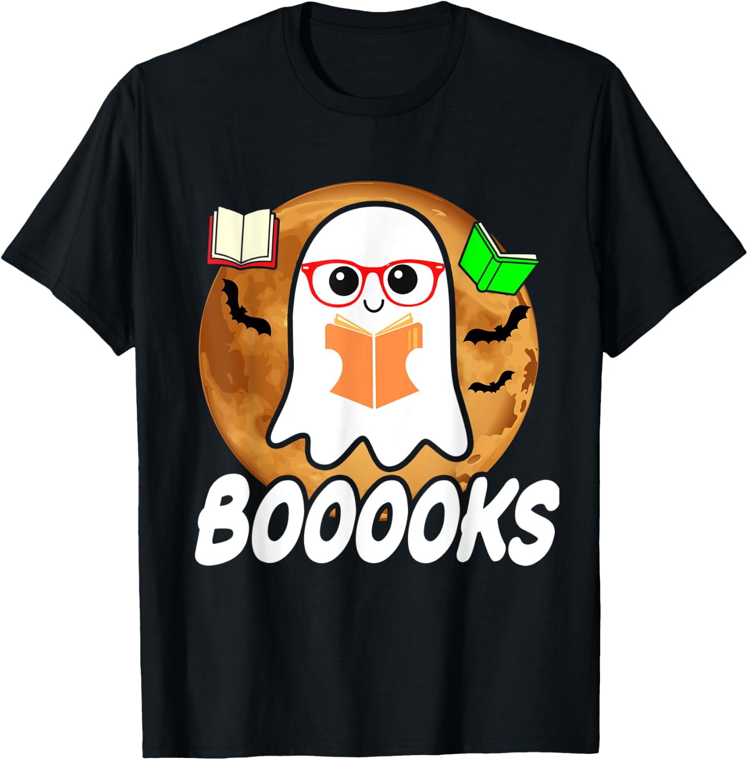 Booooks Ghost Boo Read Books Library Teacher Halloween cute T-Shirt - T-Shirt | Black