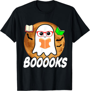 Booooks Ghost Boo Read Books Library Teacher Halloween cute T-Shirt - T-Shirt | Black